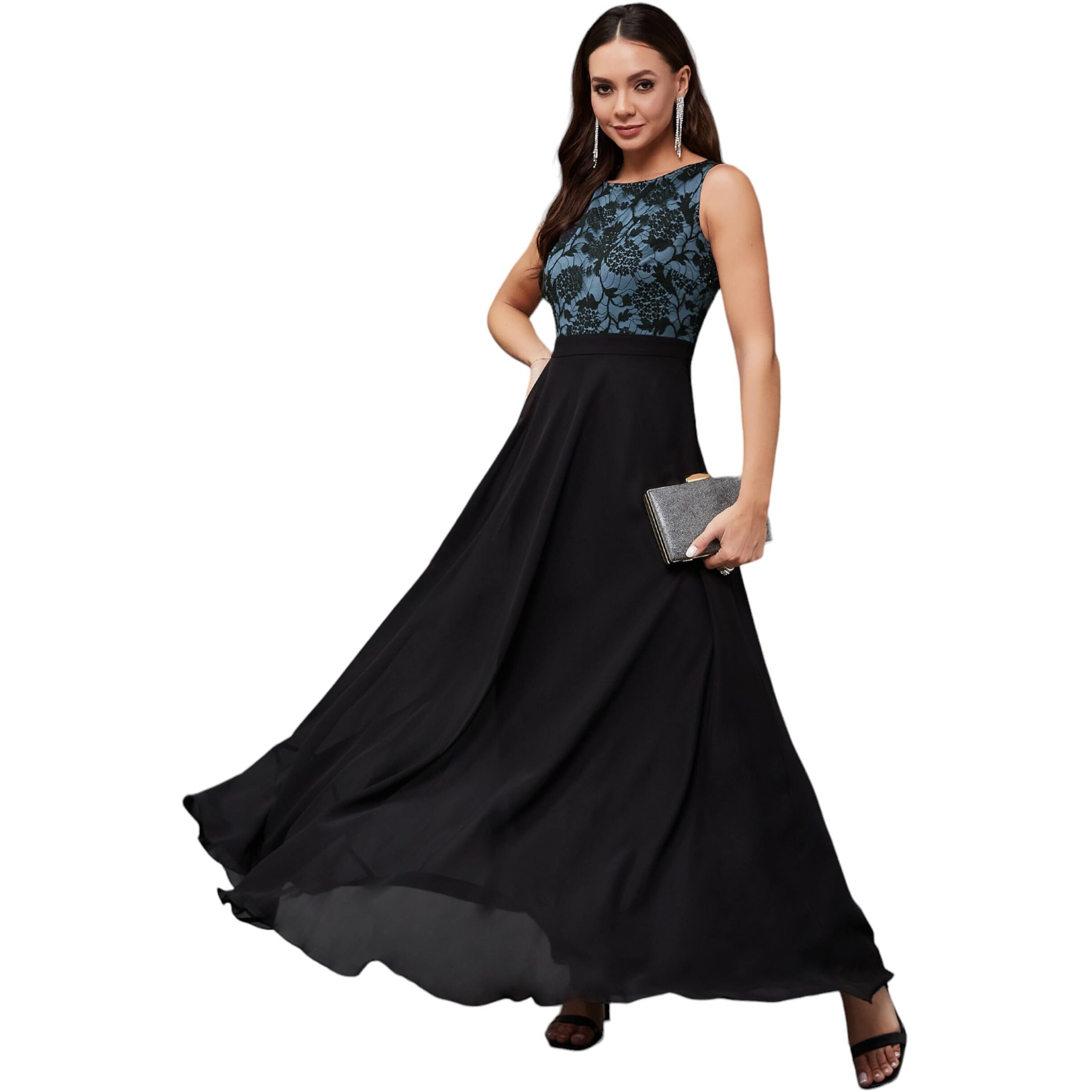 Miss Chase Women's Round Neck Sleeveless Floral Lace Fit & Flare Maxi Dress (Plus (Mcss24D97-10-102-06, Blue & Black, Xl)