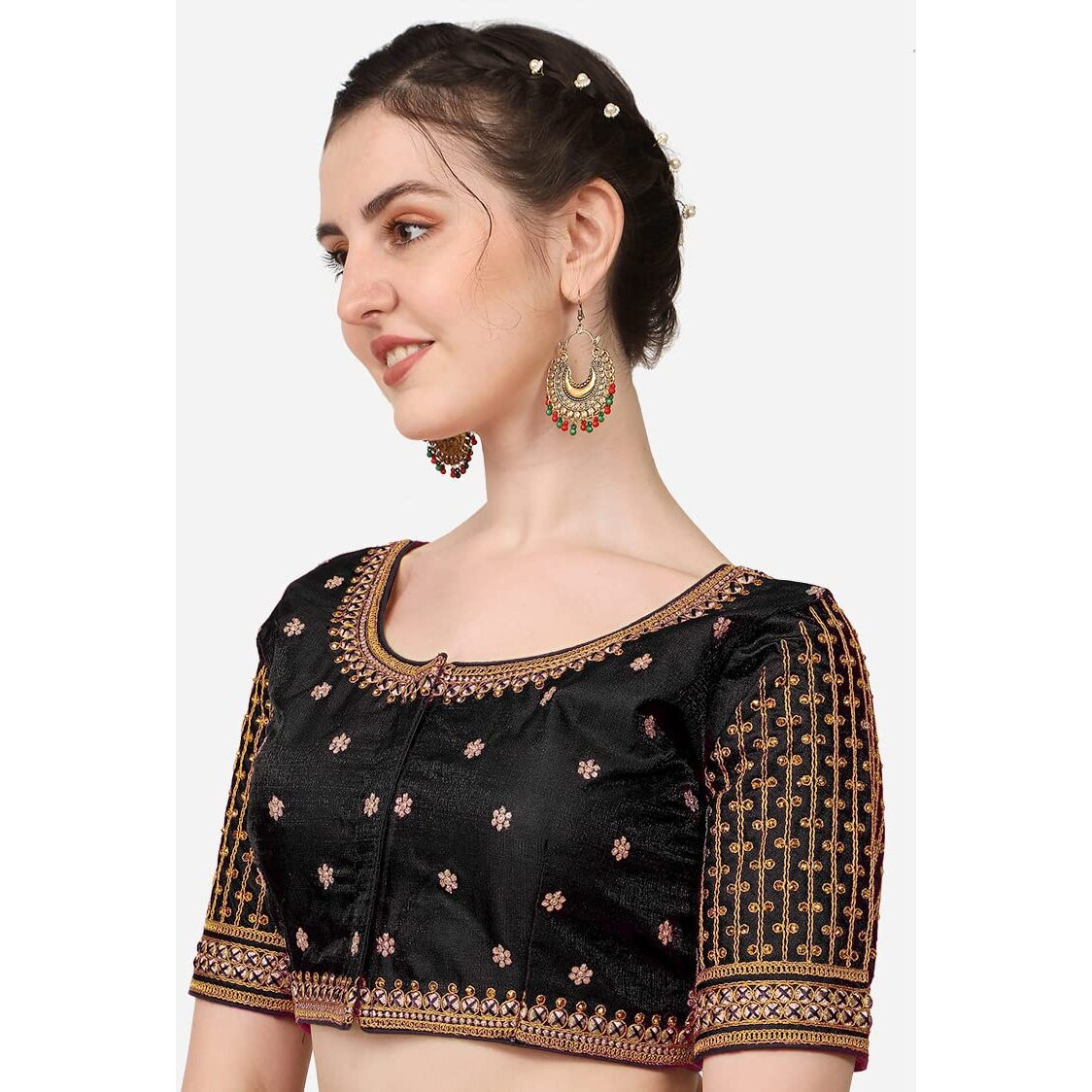 Pujia Mills Women's Cobra Silk Embroidery Coding Stone Work Half Sleeve Saree Blouse