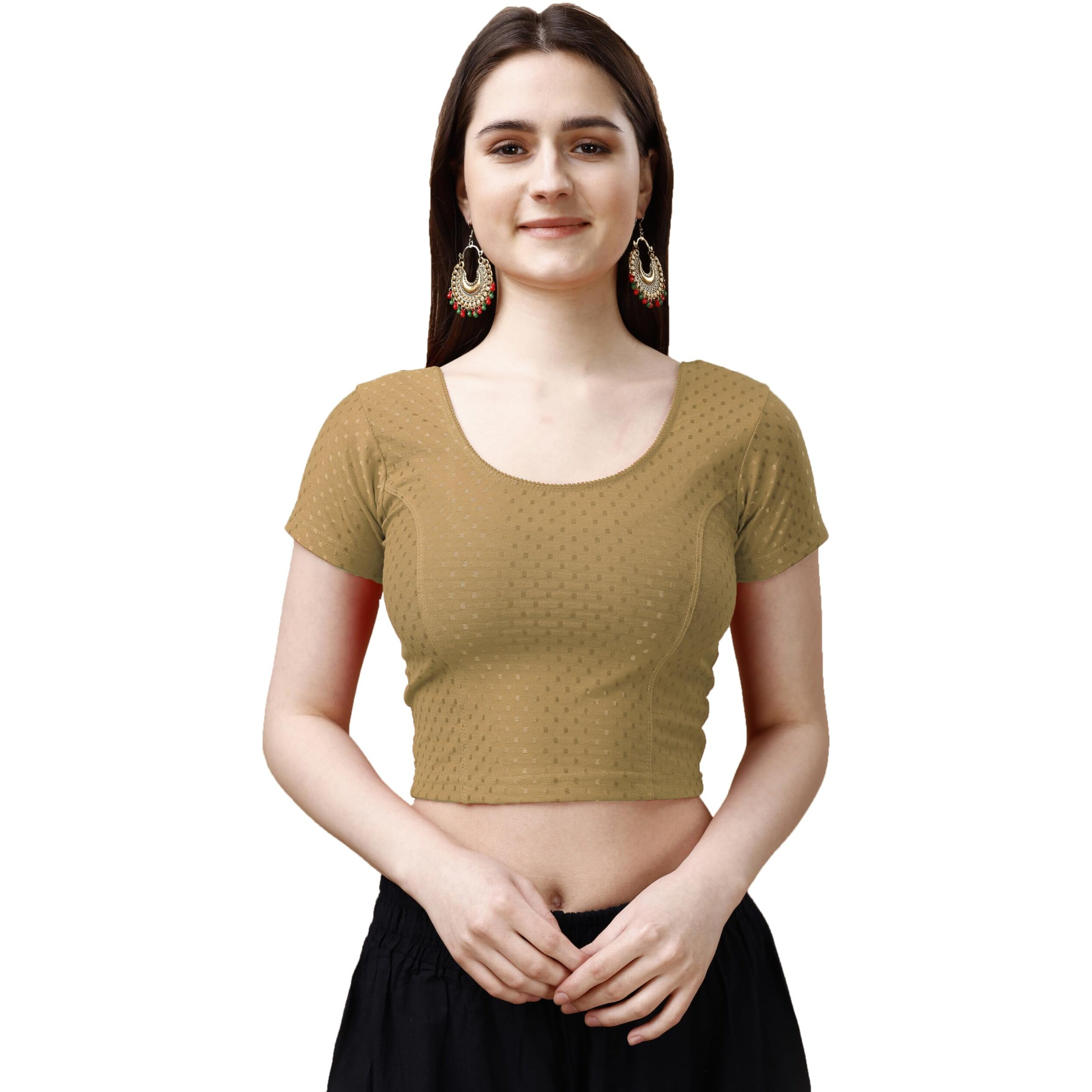 Pujia Mills Women's Readymade Dobby Cotton Lycra Stretchable Round Neck Short Sleeve Blouse Fancy Gold Color Lycra Stretchable Blouse For Women Stylish Readymade Saree Blouse