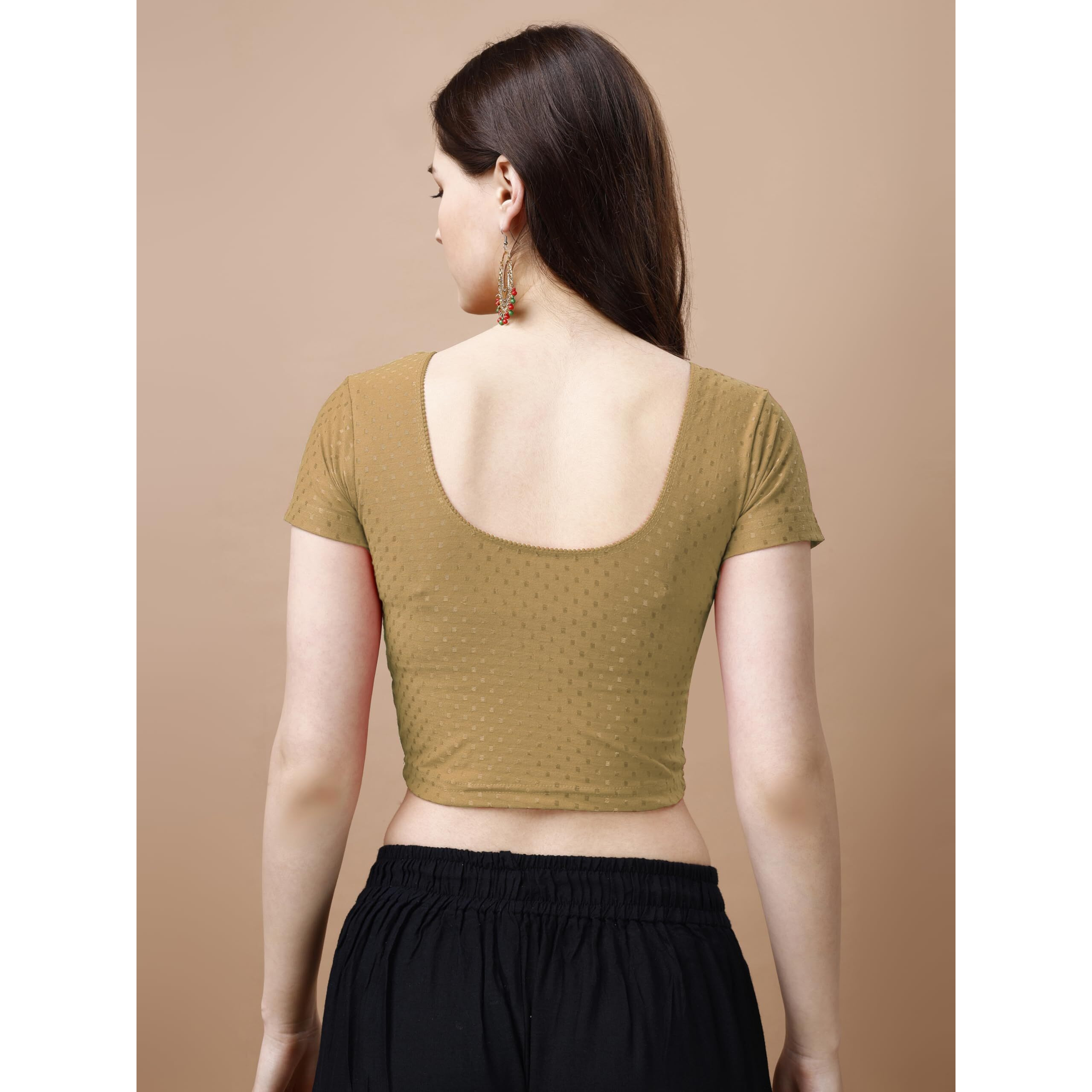 Pujia Mills Women's Readymade Dobby Cotton Lycra Stretchable Round Neck Short Sleeve Blouse Fancy Gold Color Lycra Stretchable Blouse For Women Stylish Readymade Saree Blouse