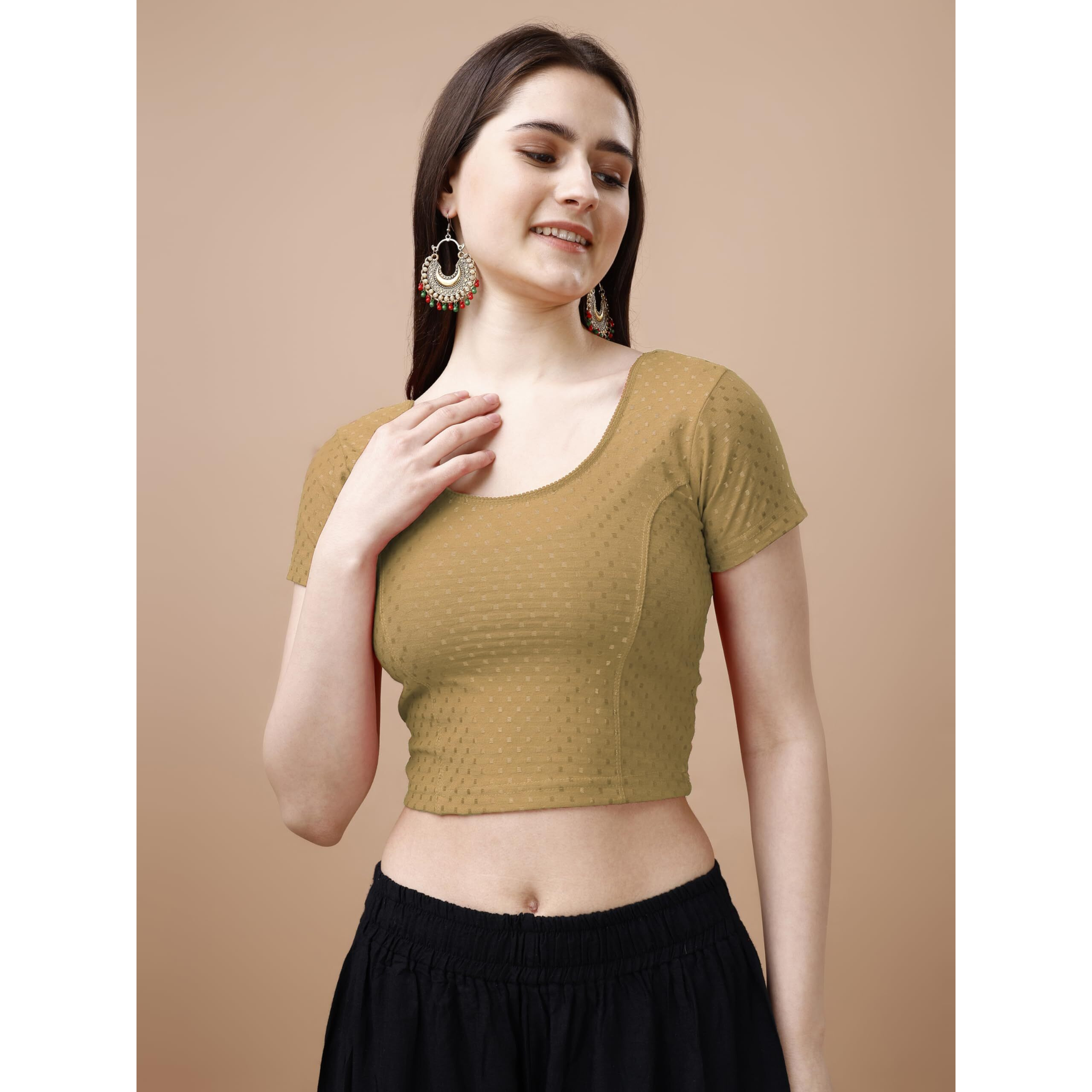 Pujia Mills Women's Readymade Dobby Cotton Lycra Stretchable Round Neck Short Sleeve Blouse Fancy Gold Color Lycra Stretchable Blouse For Women Stylish Readymade Saree Blouse