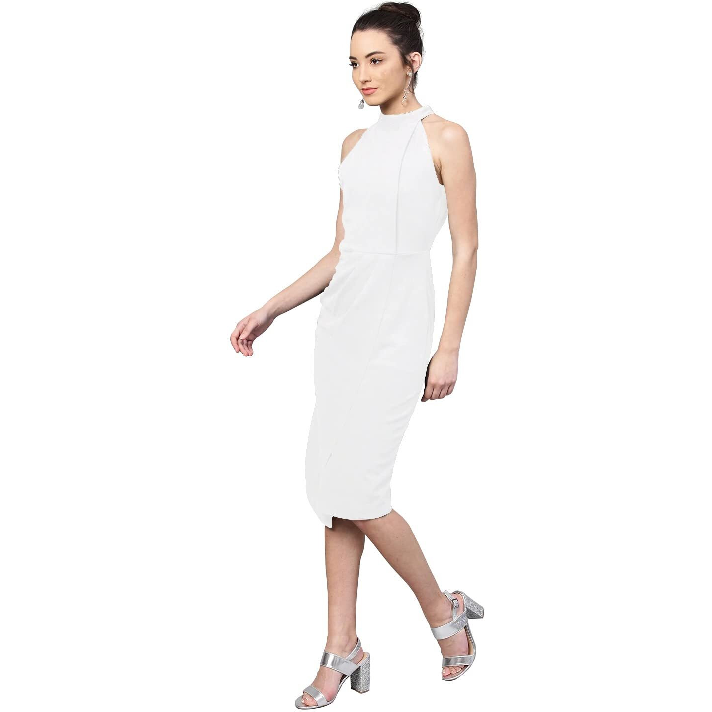 Shasmi Polyester Blend Bodycon Knee-Length Women's Elegant Halter Neck Pleated Flounce Sleeveless Midi Dress (Dresses For Tops_White_M)