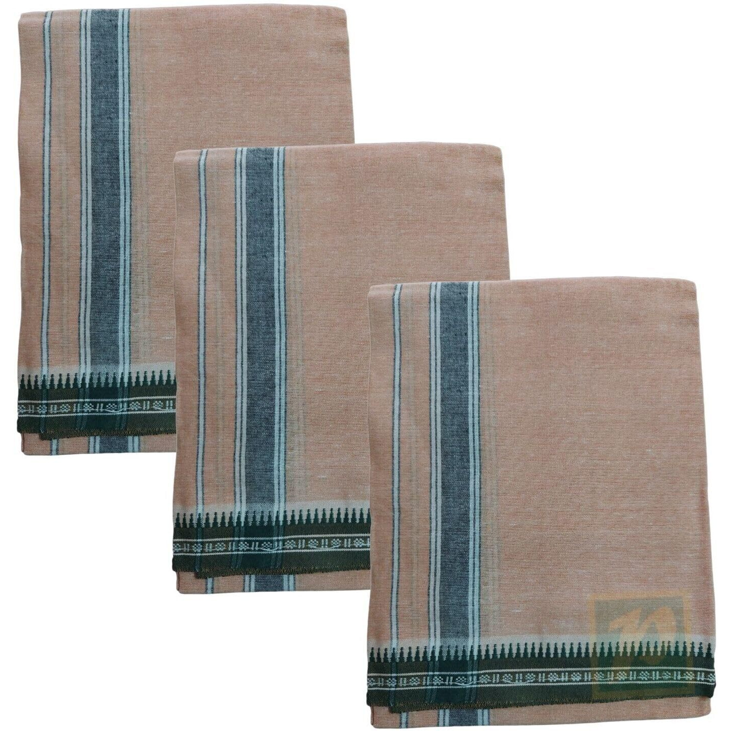 Prakasam Cotton Mens Single (1.28 X 2.00 Mtrs) Colour Thalapathi Border Dhoties/Fine Quality Single Dhoties (Sandal)-Pack Of 3 Dhoties