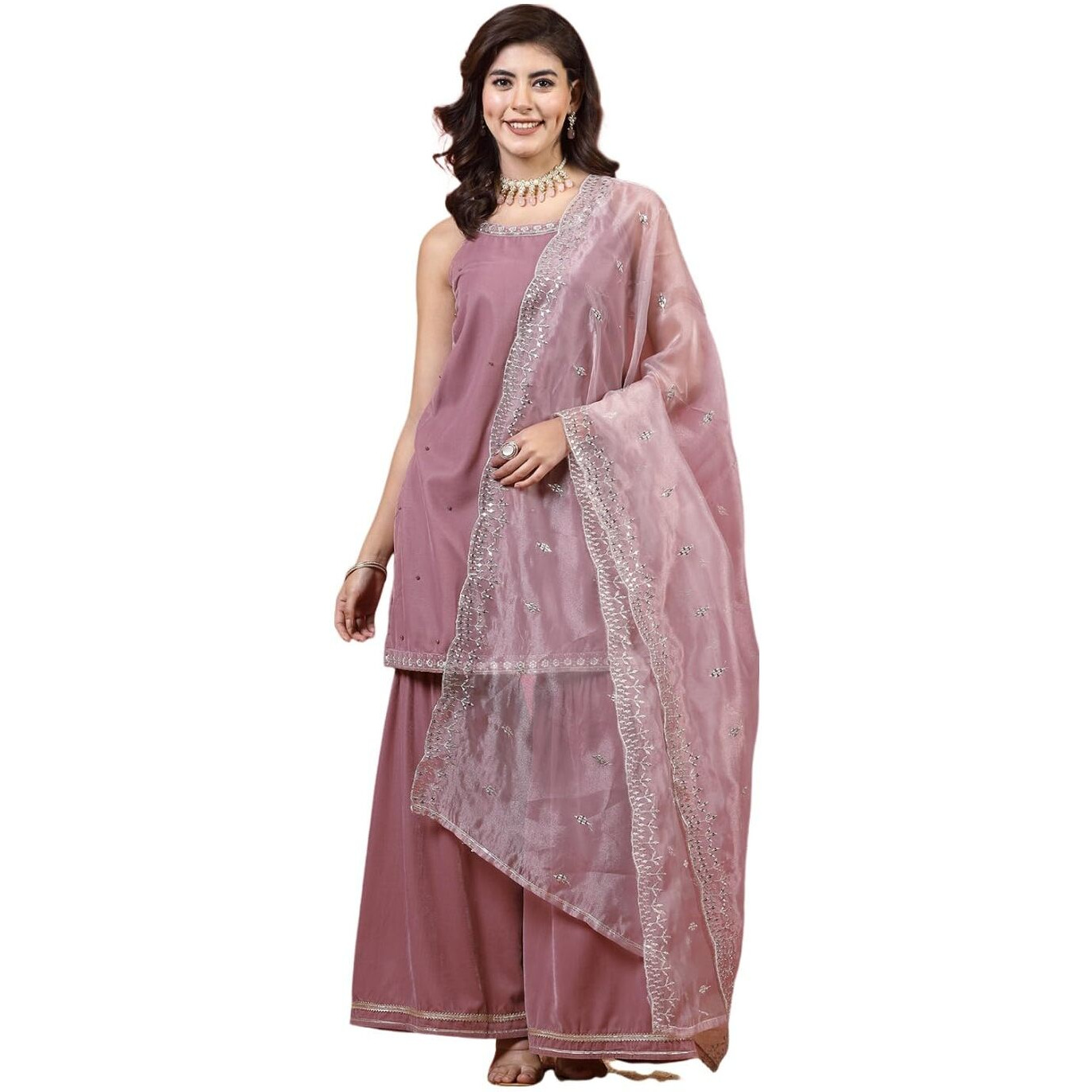 Sanisa Women's Velvet Embroidery & Moti Work Straight Kurta With Pant And Embroidery Dupatta (87Kbd962Nz-Xxl_Dusty Pink)