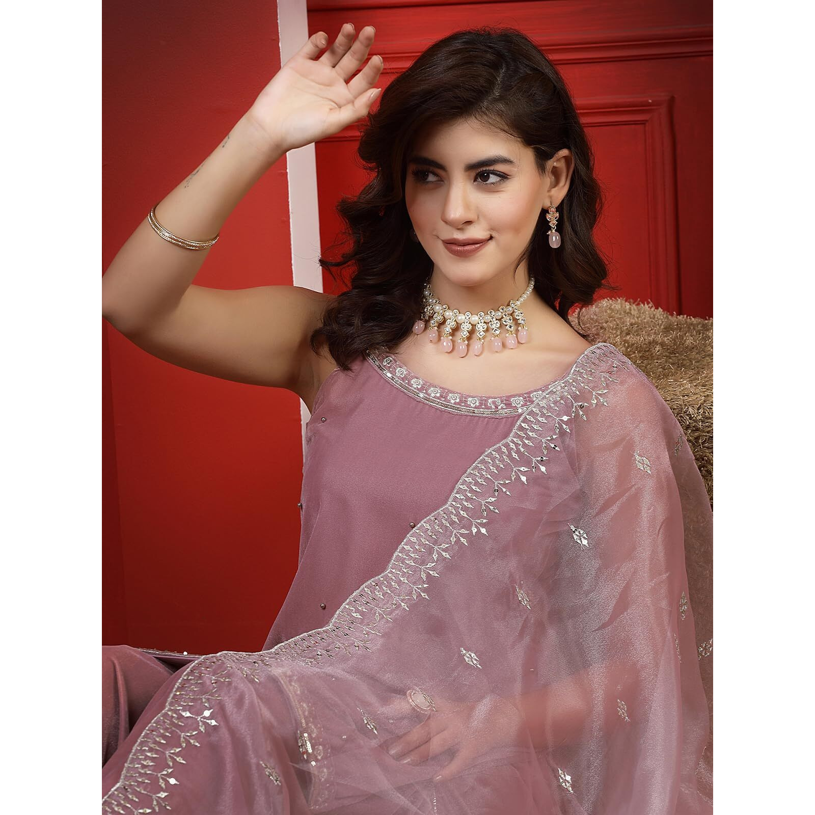 Sanisa Women's Velvet Embroidery & Moti Work Straight Kurta With Pant And Embroidery Dupatta (87Kbd962Nz-Xxl_Dusty Pink)