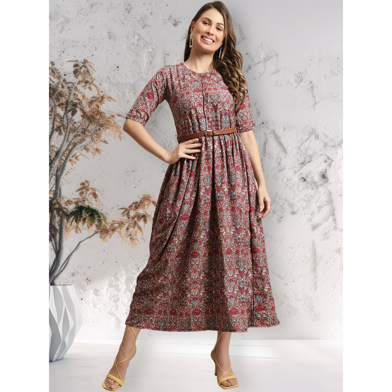 Preneum Girls's Georgette Floral Printed 3/4 Slevees A-Line Fit & Flare Gown With Belt, Radish, S