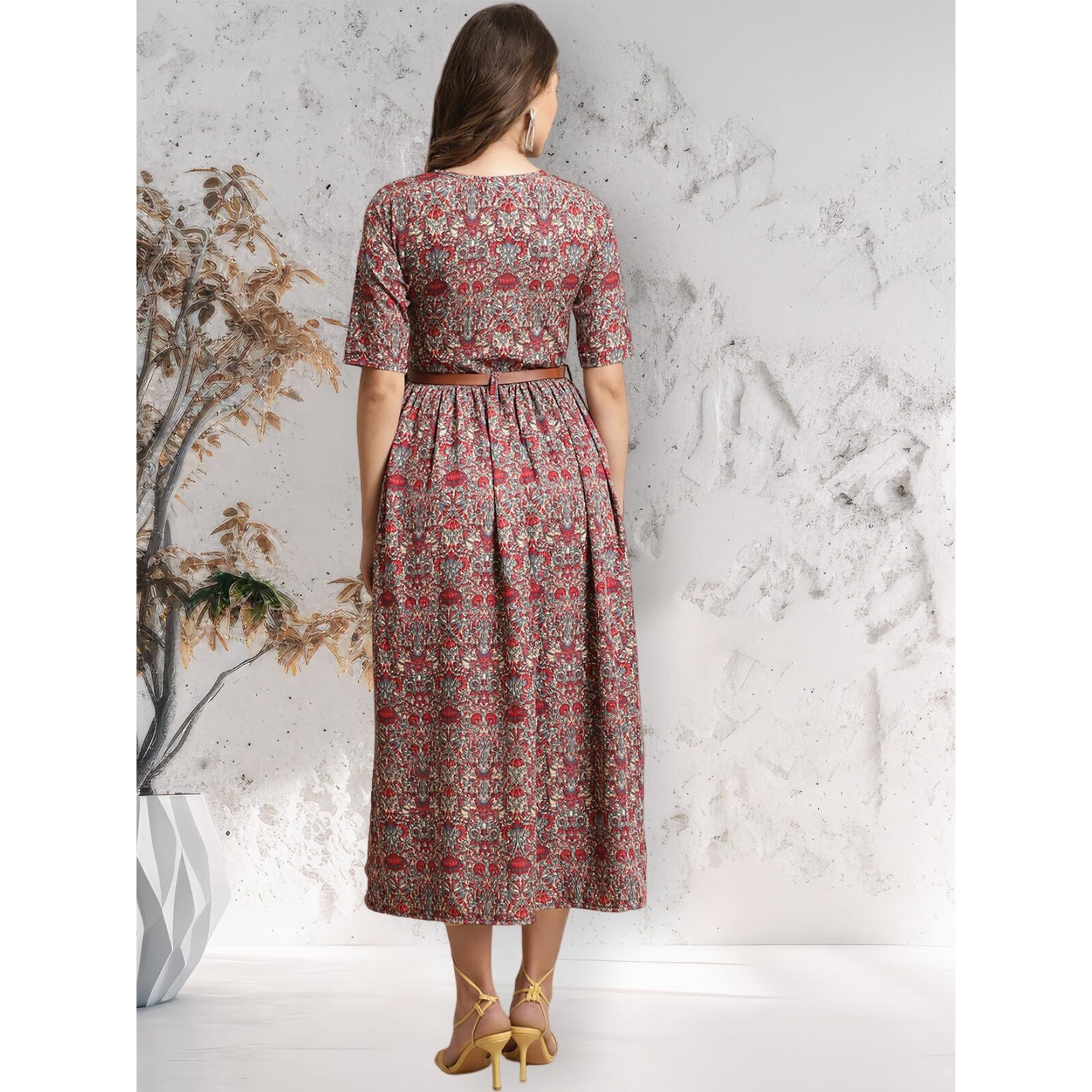 Preneum Girls's Georgette Floral Printed 3/4 Slevees A-Line Fit & Flare Gown With Belt, Radish, S