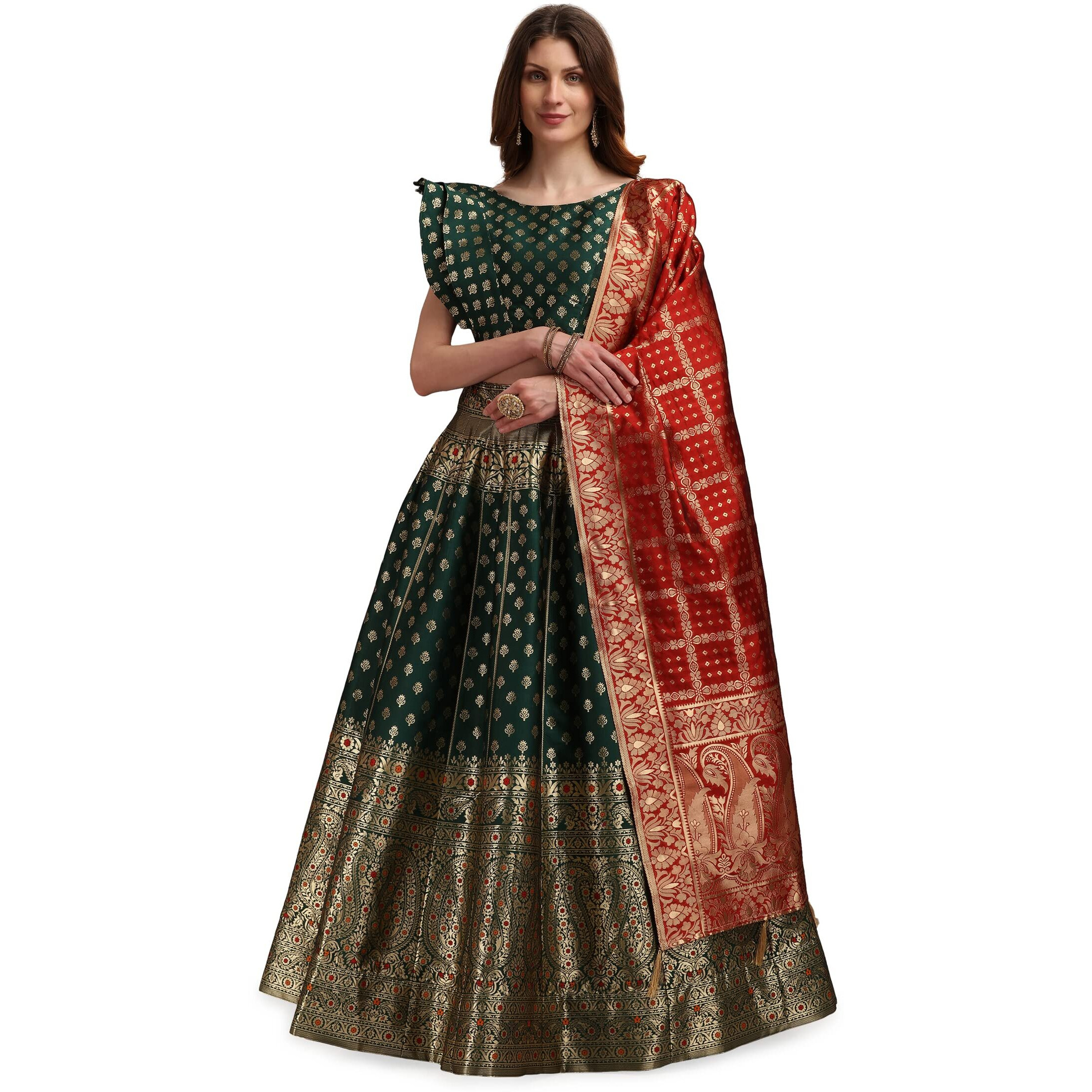 Purvaja Women's Jacquard Semi-Stitched Lehenga Choli (Nirvana-D-Green_Green_Free Size)