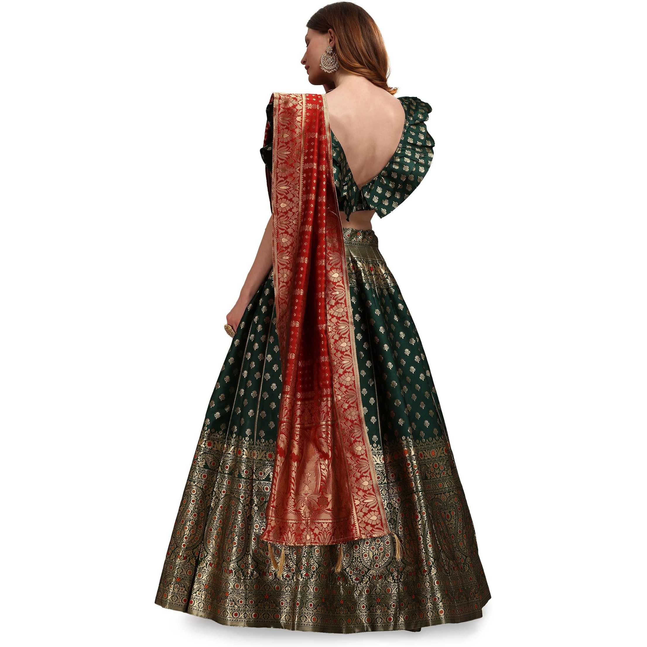 Purvaja Women's Jacquard Semi-Stitched Lehenga Choli (Nirvana-D-Green_Green_Free Size)