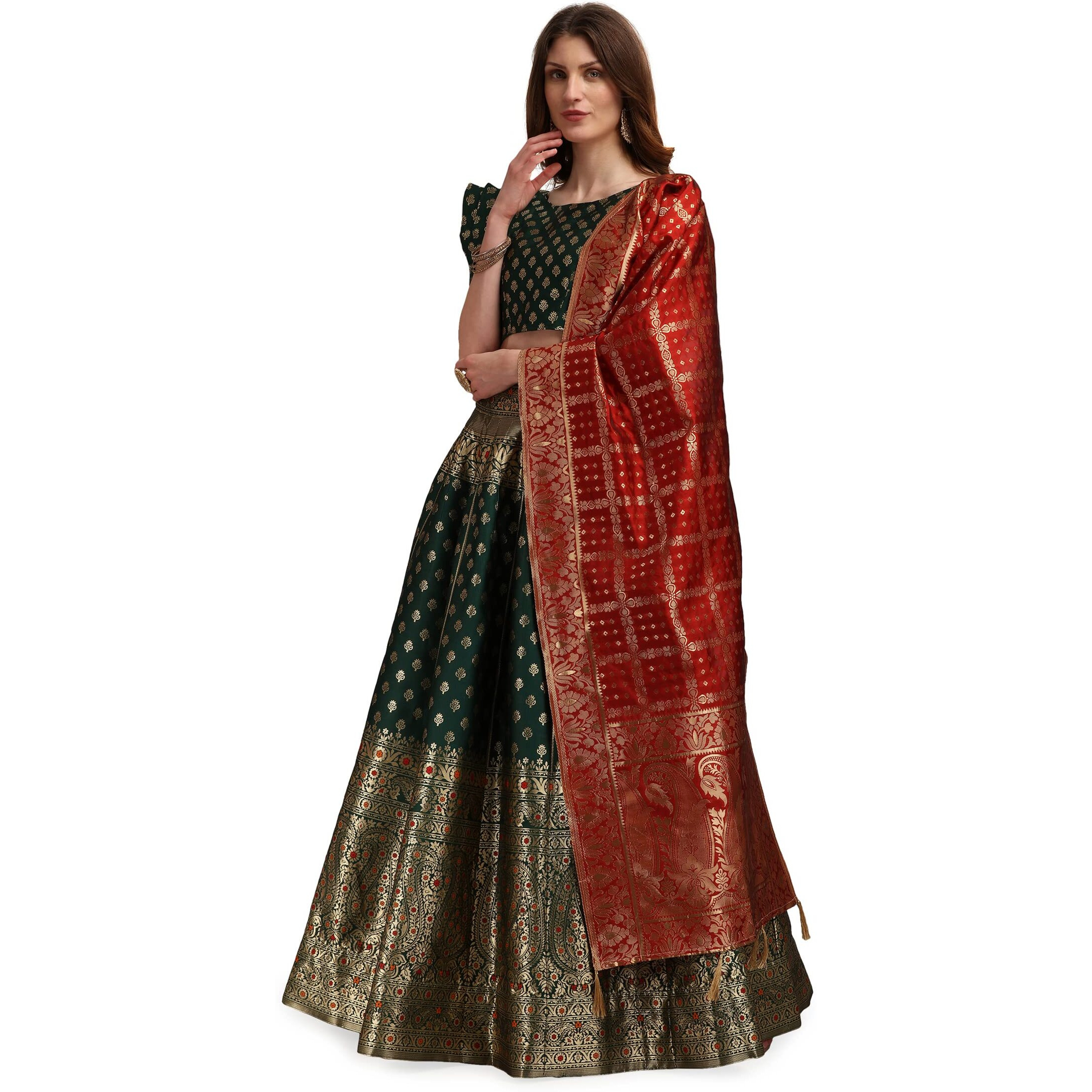 Purvaja Women's Jacquard Semi-Stitched Lehenga Choli (Nirvana-D-Green_Green_Free Size)