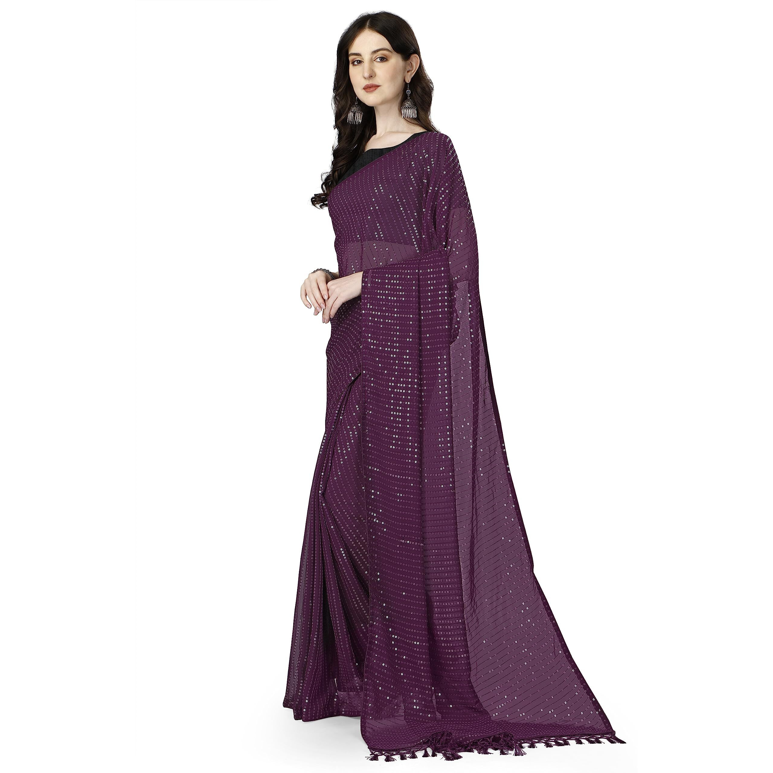Shiv Textiles Women's Georgette Sequins Ready To Wear One Minute Saree For Women With Unstitched Blouse. (Wine)