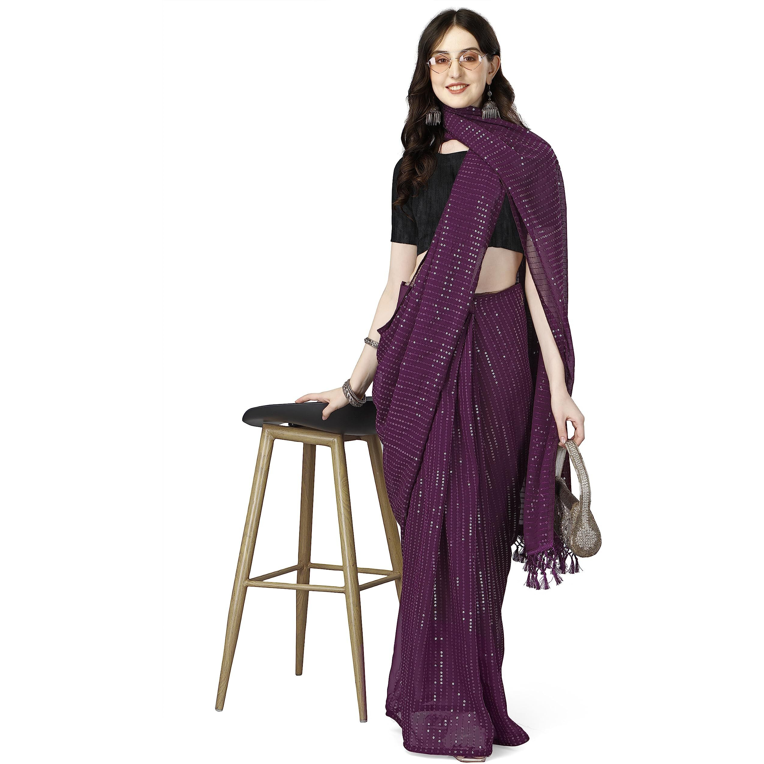 Shiv Textiles Women's Georgette Sequins Ready To Wear One Minute Saree For Women With Unstitched Blouse. (Wine)