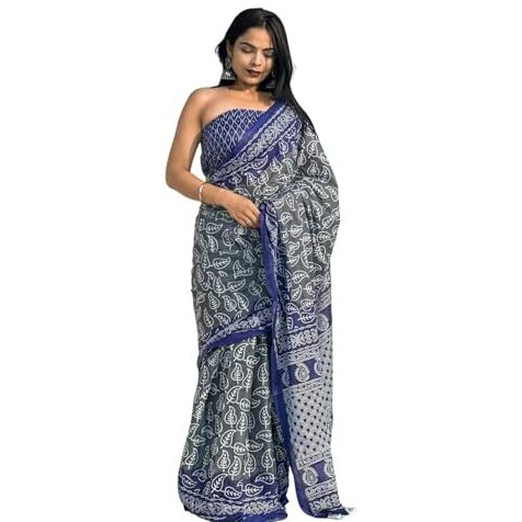 Shiv Textiles Womens Pure Cottoncasual Wear Saree (Smc-St-95-Navy Blue)