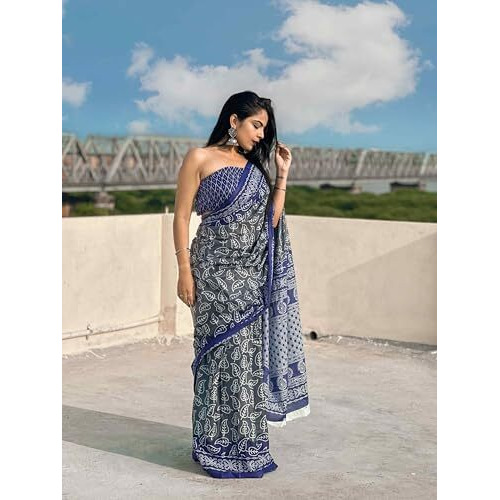 Shiv Textiles Womens Pure Cottoncasual Wear Saree (Smc-St-95-Navy Blue)