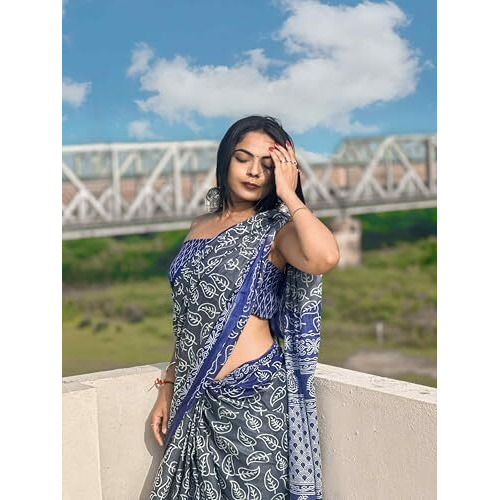 Shiv Textiles Womens Pure Cottoncasual Wear Saree (Smc-St-95-Navy Blue)