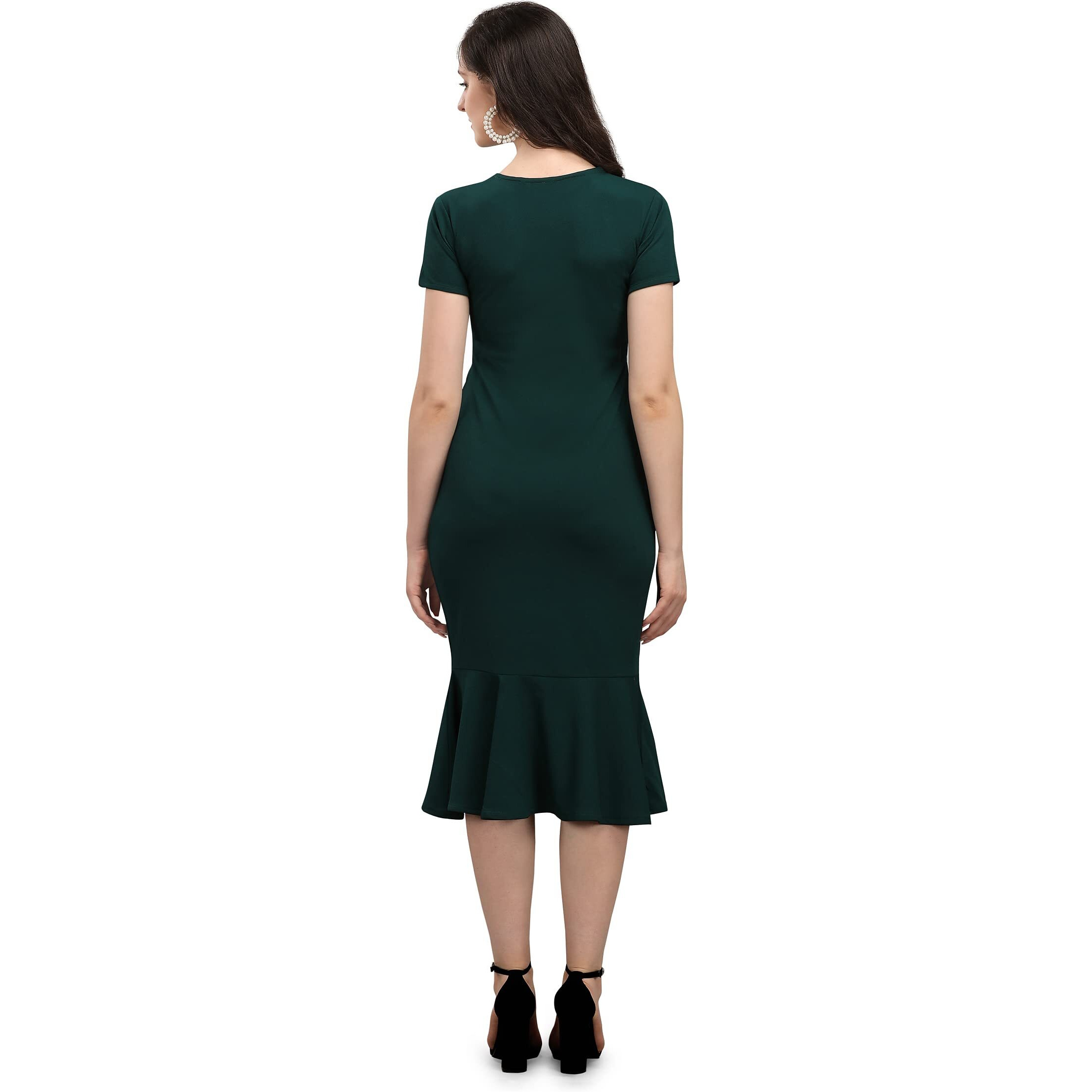 Purvaja Women's Corduroy Bodycon Midi Dress (Ruby-005-Gn-S_Dark Green