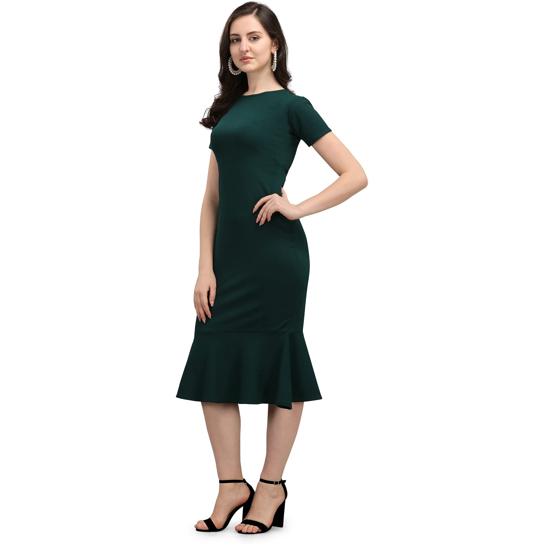 Purvaja Women's Corduroy Bodycon Midi Dress (Ruby-005-Gn-S_Dark Green
