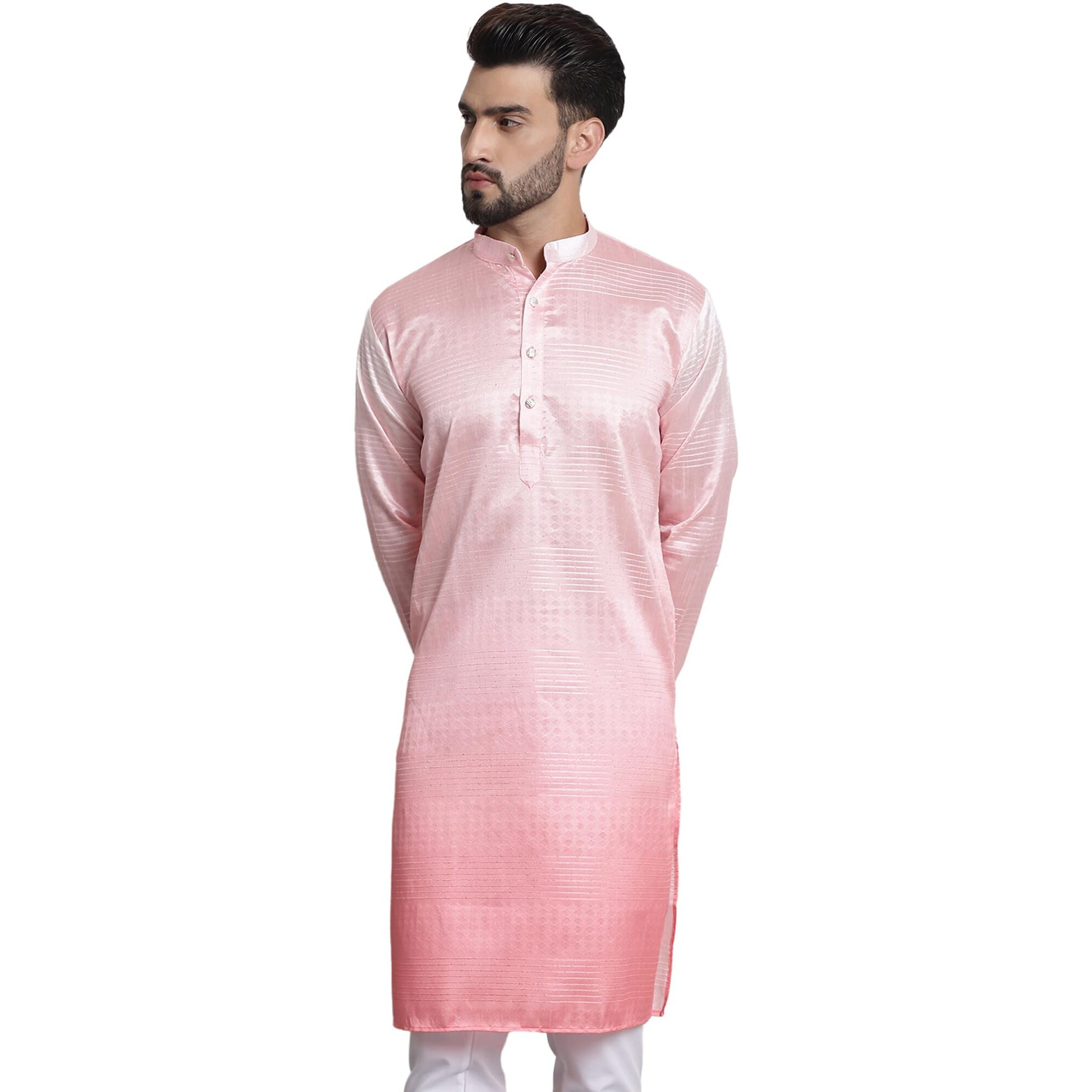 Sojanya (Since 1958 Men's Jacquard Silk Multi Shade Pink Color Kurta With Sequence