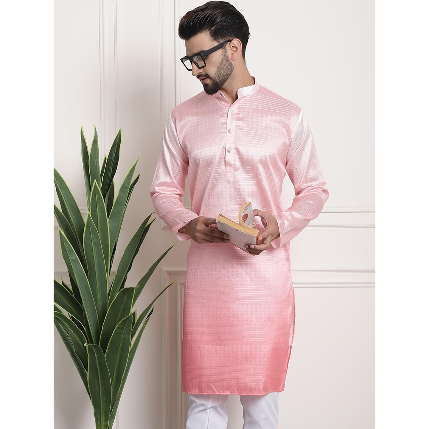 Sojanya (Since 1958 Men's Jacquard Silk Multi Shade Pink Color Kurta With Sequence
