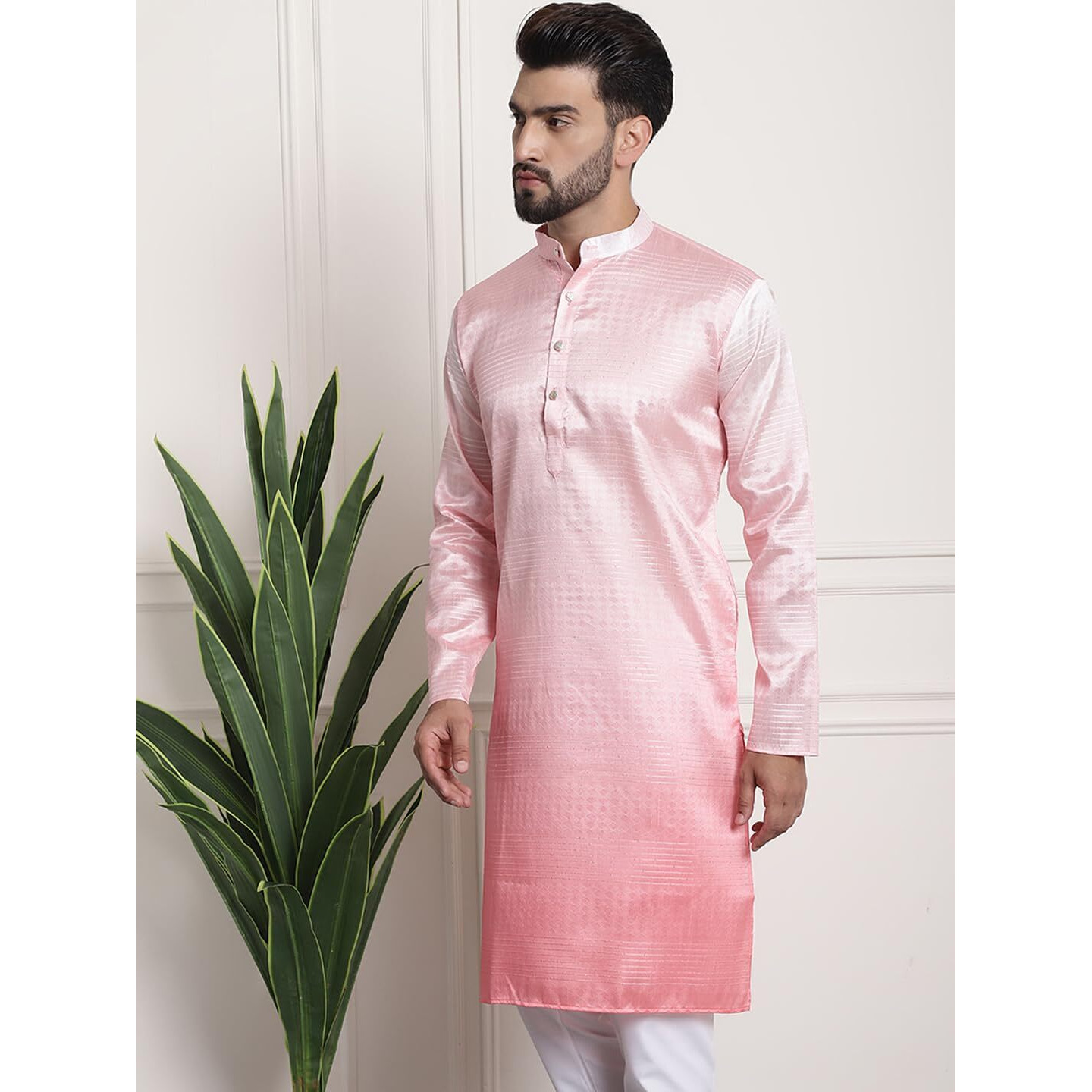 Sojanya (Since 1958 Men's Jacquard Silk Multi Shade Pink Color Kurta With Sequence