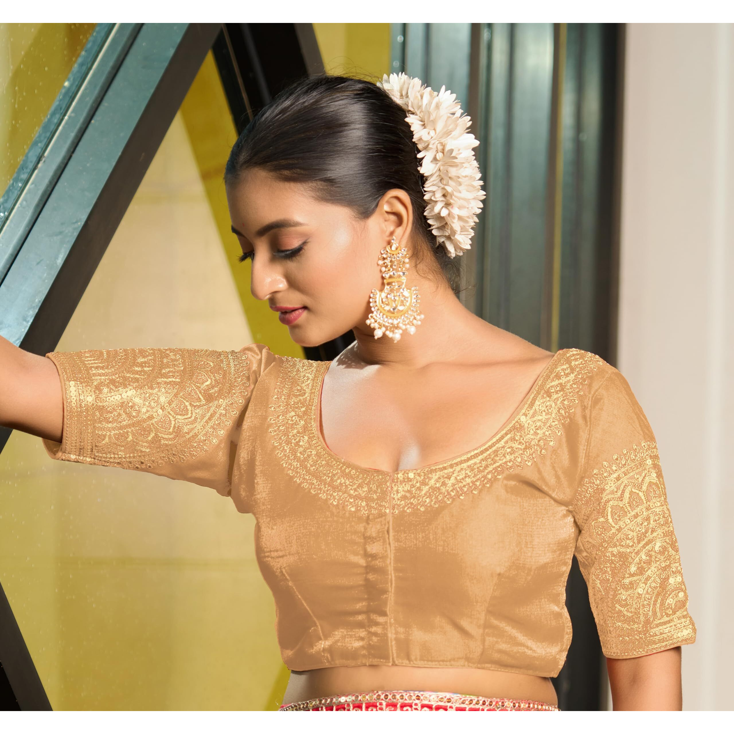 Pujia Mills Women's Readymade Blouse Embroidery Multi Coding Dull Golden Sequence Work Indian Ethnic Designer Stitched Readymade Saree Half Sleeve Gold Blouse For Women For Saree Lehenga Choli