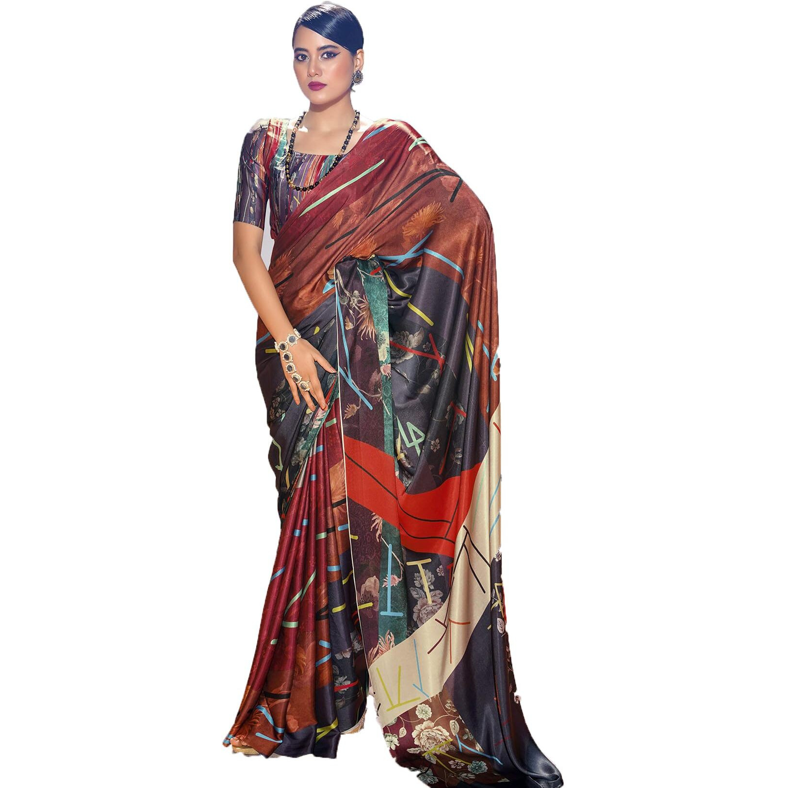 Pujia Mills Woman's Indian Ethnic Wear Simple Printed Saree Digital Print Satin Silk Saree Daily Wear Printed Saree With Unstitch Blouse Regular Printed Sadi Simple Sadi Unique Saree Multicolor Saree