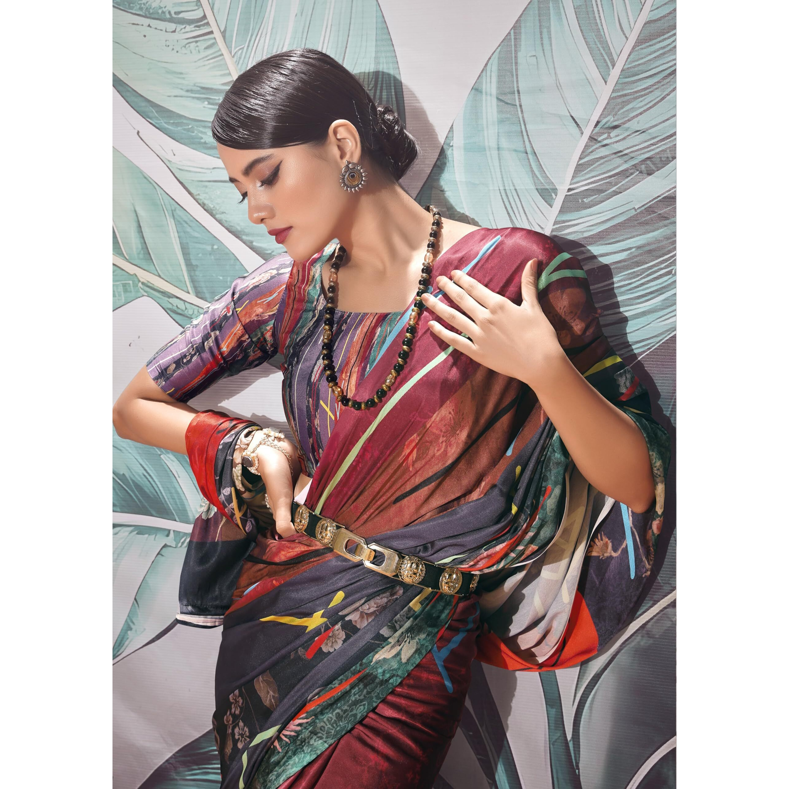 Pujia Mills Woman's Indian Ethnic Wear Simple Printed Saree Digital Print Satin Silk Saree Daily Wear Printed Saree With Unstitch Blouse Regular Printed Sadi Simple Sadi Unique Saree Multicolor Saree
