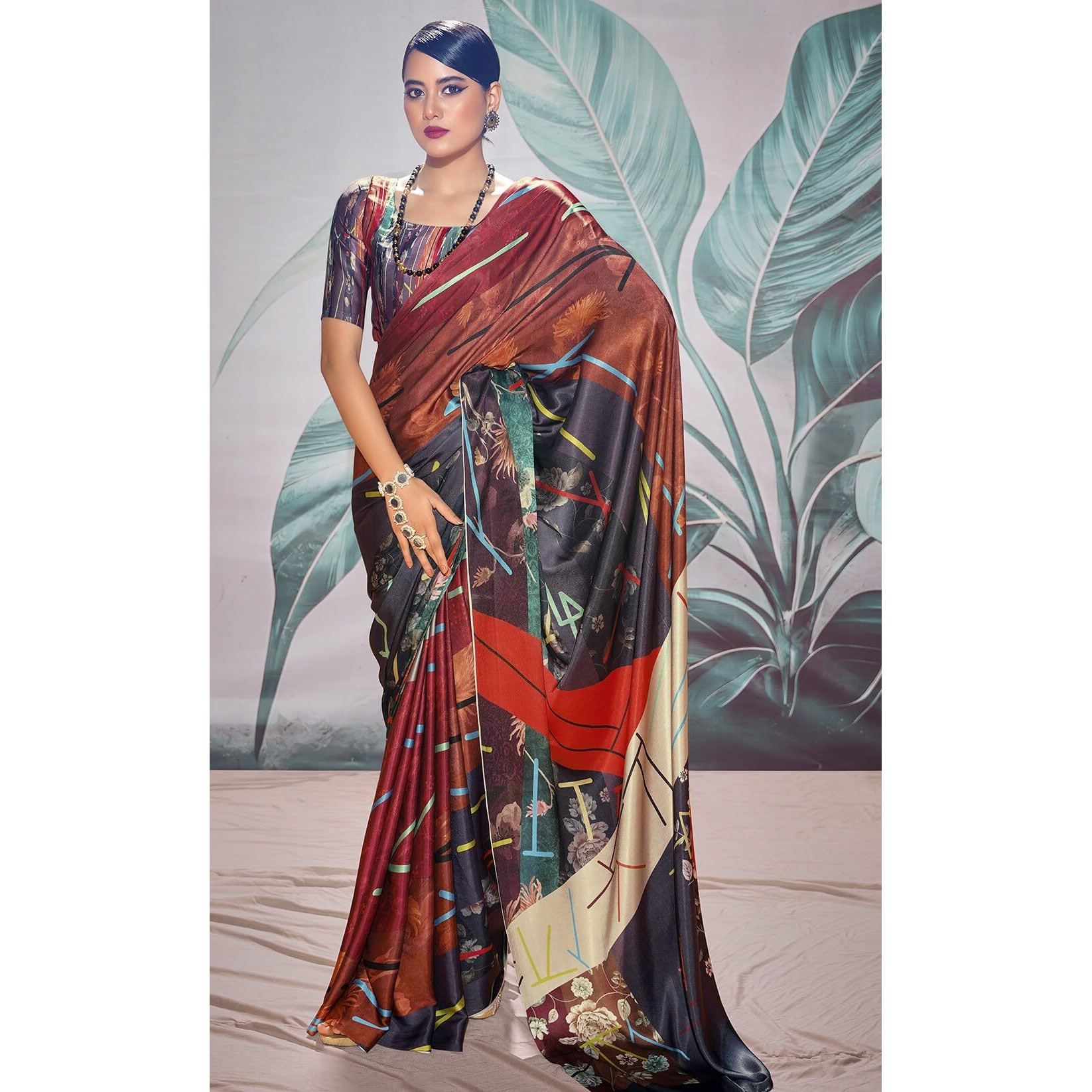 Pujia Mills Woman's Indian Ethnic Wear Simple Printed Saree Digital Print Satin Silk Saree Daily Wear Printed Saree With Unstitch Blouse Regular Printed Sadi Simple Sadi Unique Saree Multicolor Saree