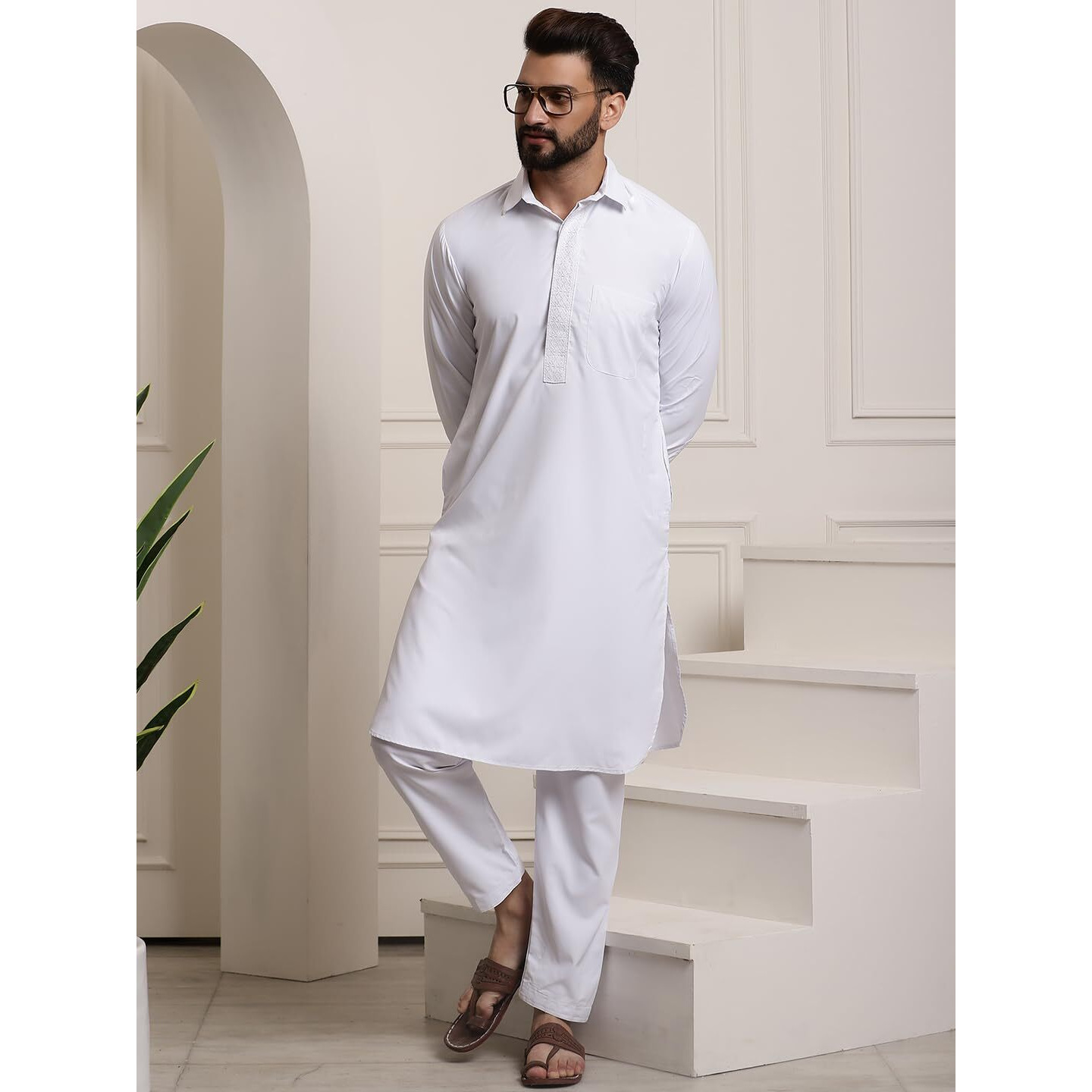 Sojanya (Since 1958 Men's Cotton White Pathani Kurta Salwar Set