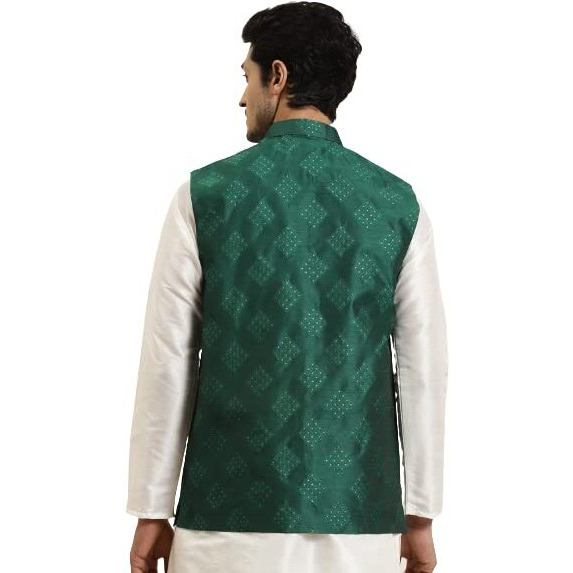 Sojana (Since 1958) Men's Jacquard Silk Dark Green & Gold Self Design Only Nehru Jacket