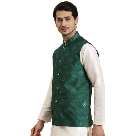 Sojana (Since 1958) Men's Jacquard Silk Dark Green & Gold Self Design Only Nehru Jacket