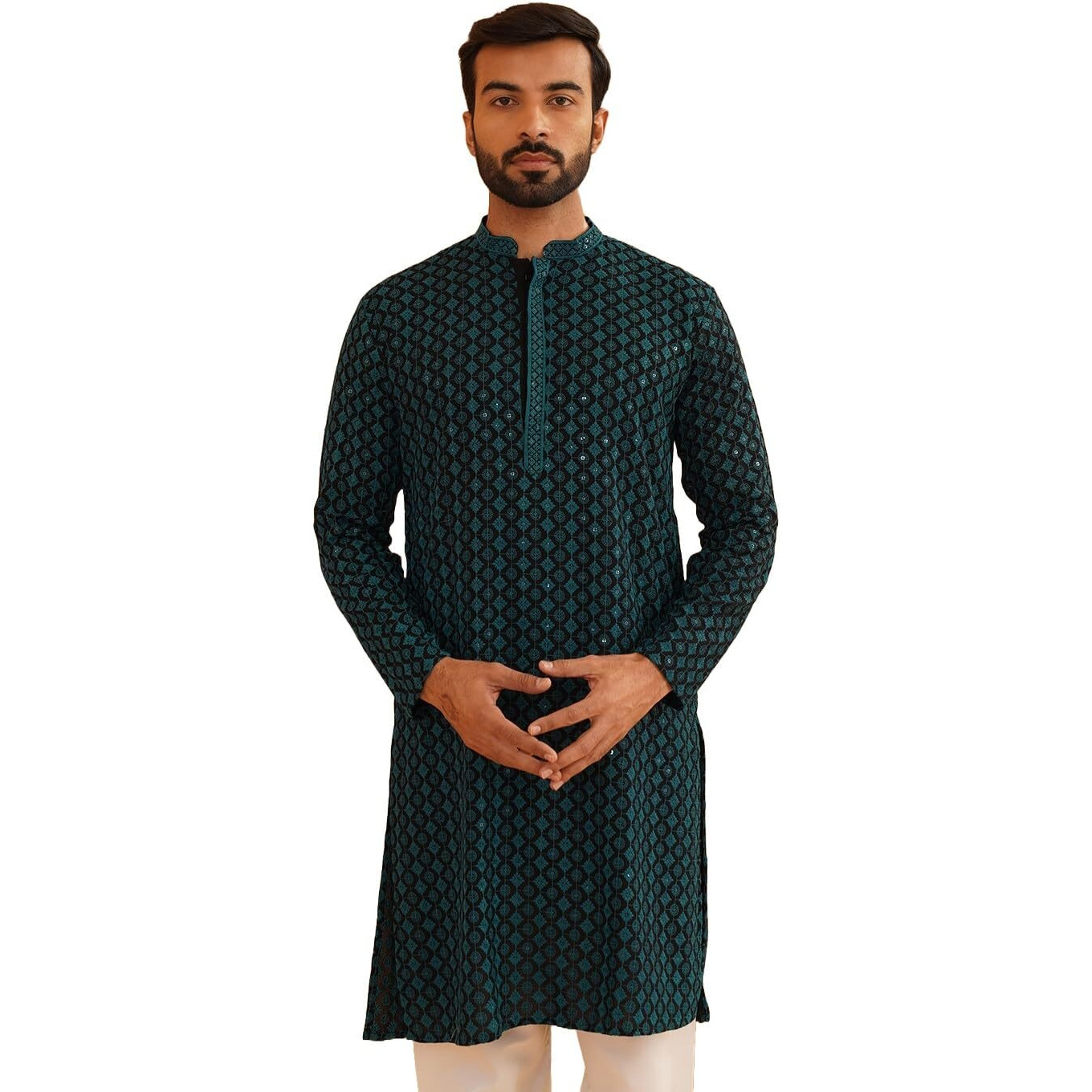 Sojanya (Since 1958 Men's Cotton Contrast Embroidered Sequinned Teal Blue Long Kurta