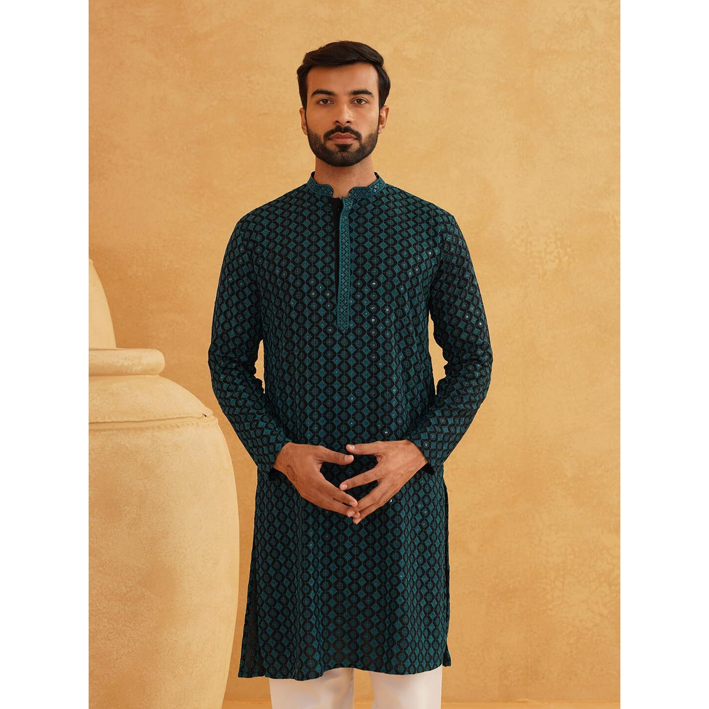 Sojanya (Since 1958 Men's Cotton Contrast Embroidered Sequinned Teal Blue Long Kurta