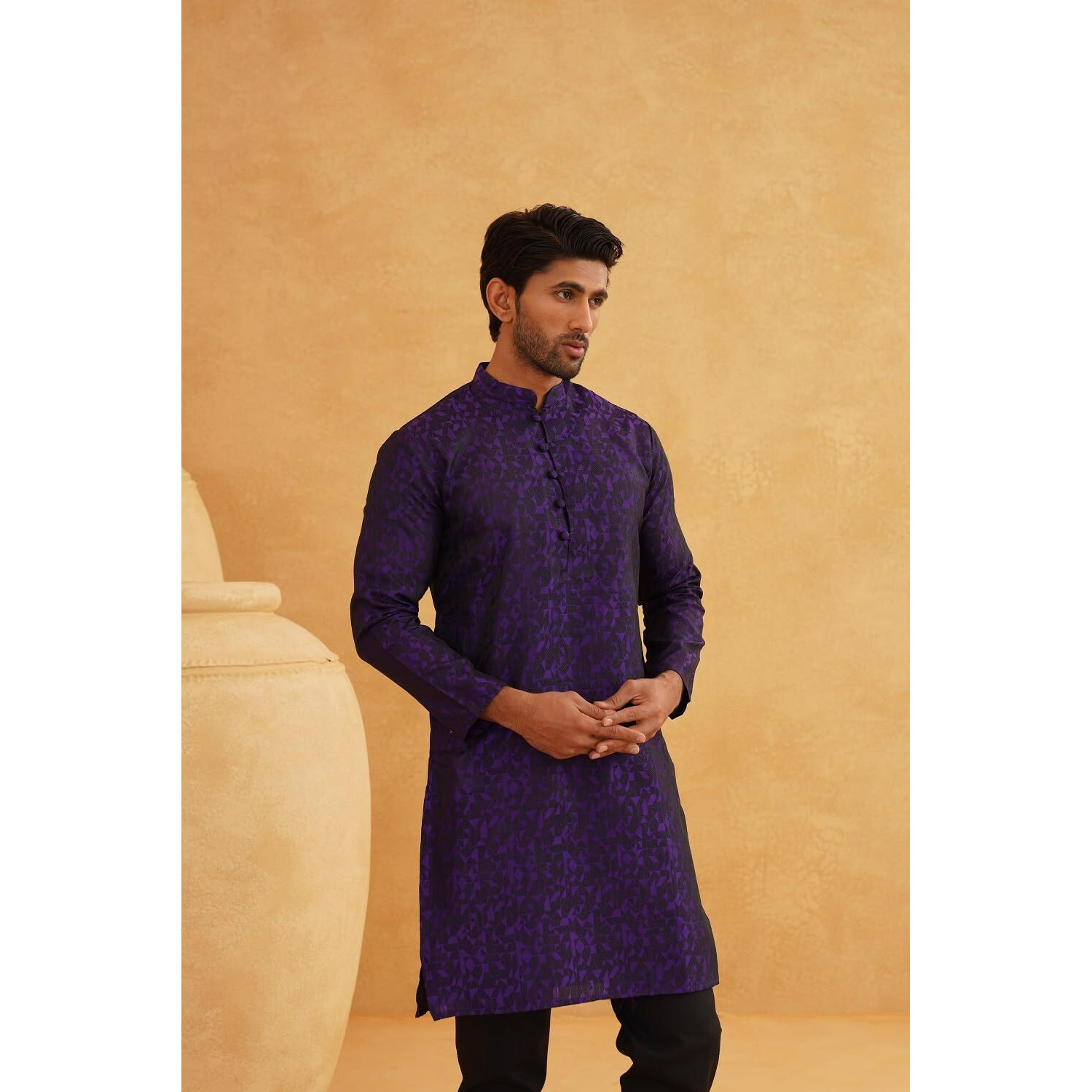 Sojanya (Since 1958 Men's Jacquard Silk Geometric Violet Only Long Kurta