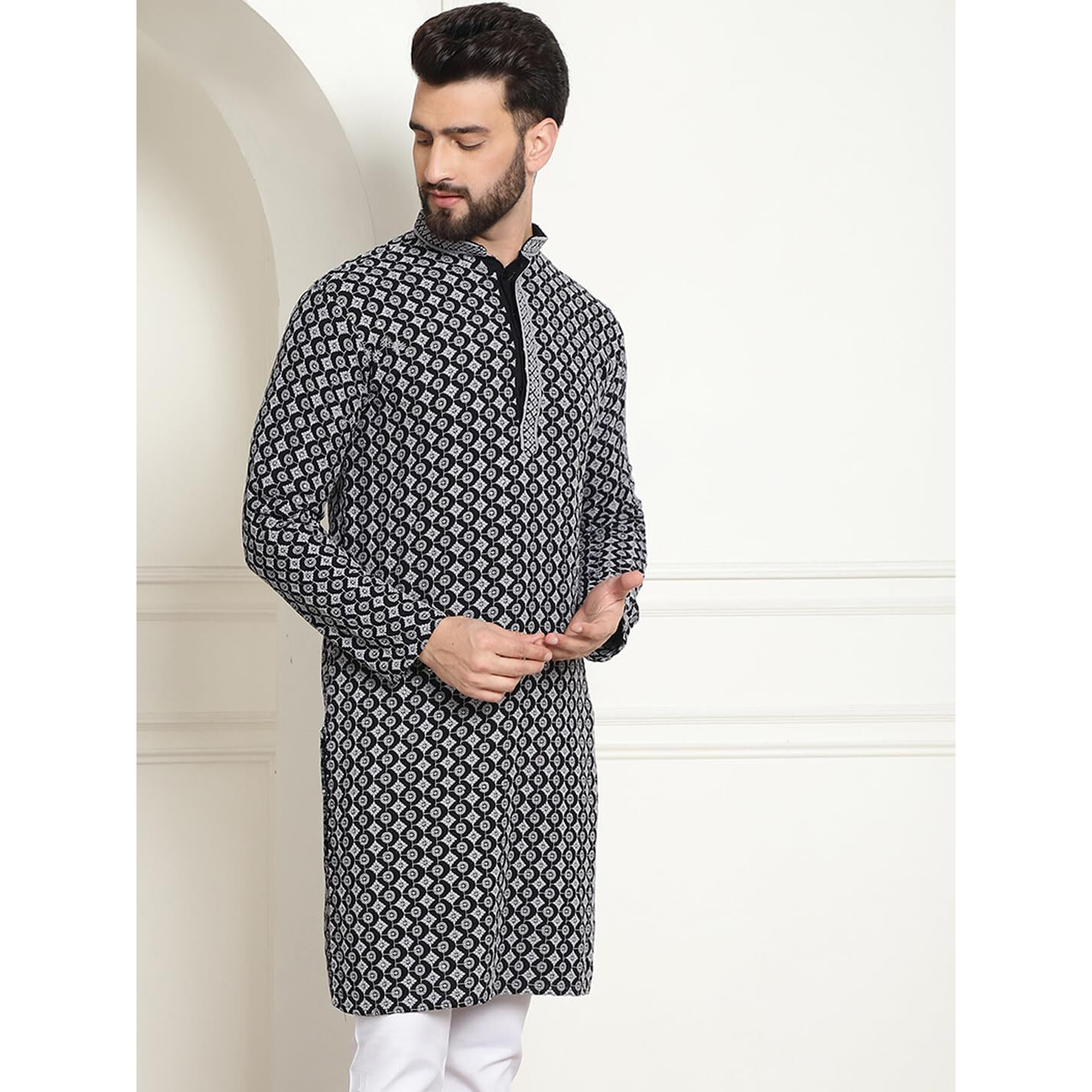 Sojanya (Since 1958 Men's Cotton Contrast Embroidered Sequinned Grey Long Kurta