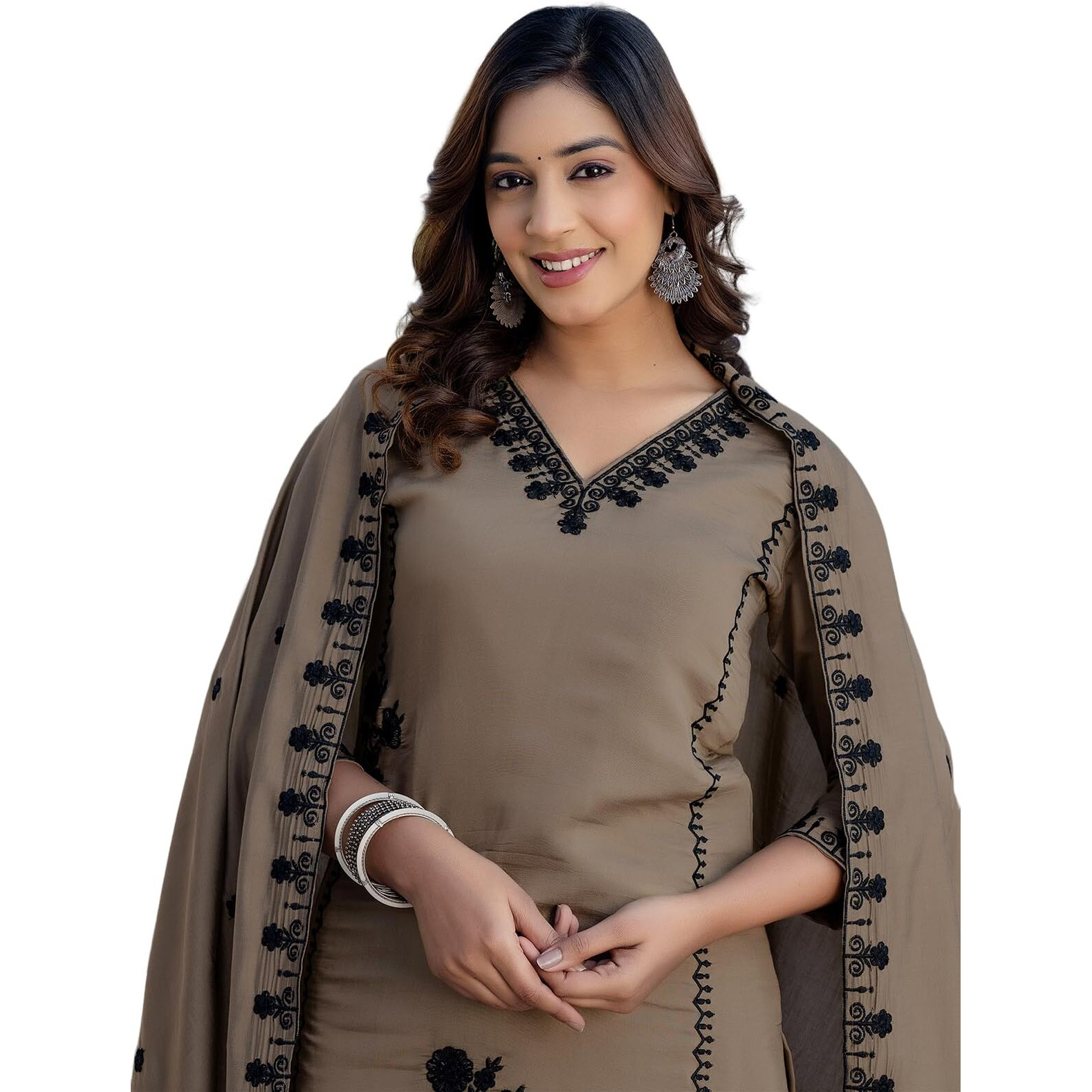 Sanisa Women's Silk Embroidery Straight Kurta With Pant And Dupatta Set (235Kbd2485N-M_Dark Beige)