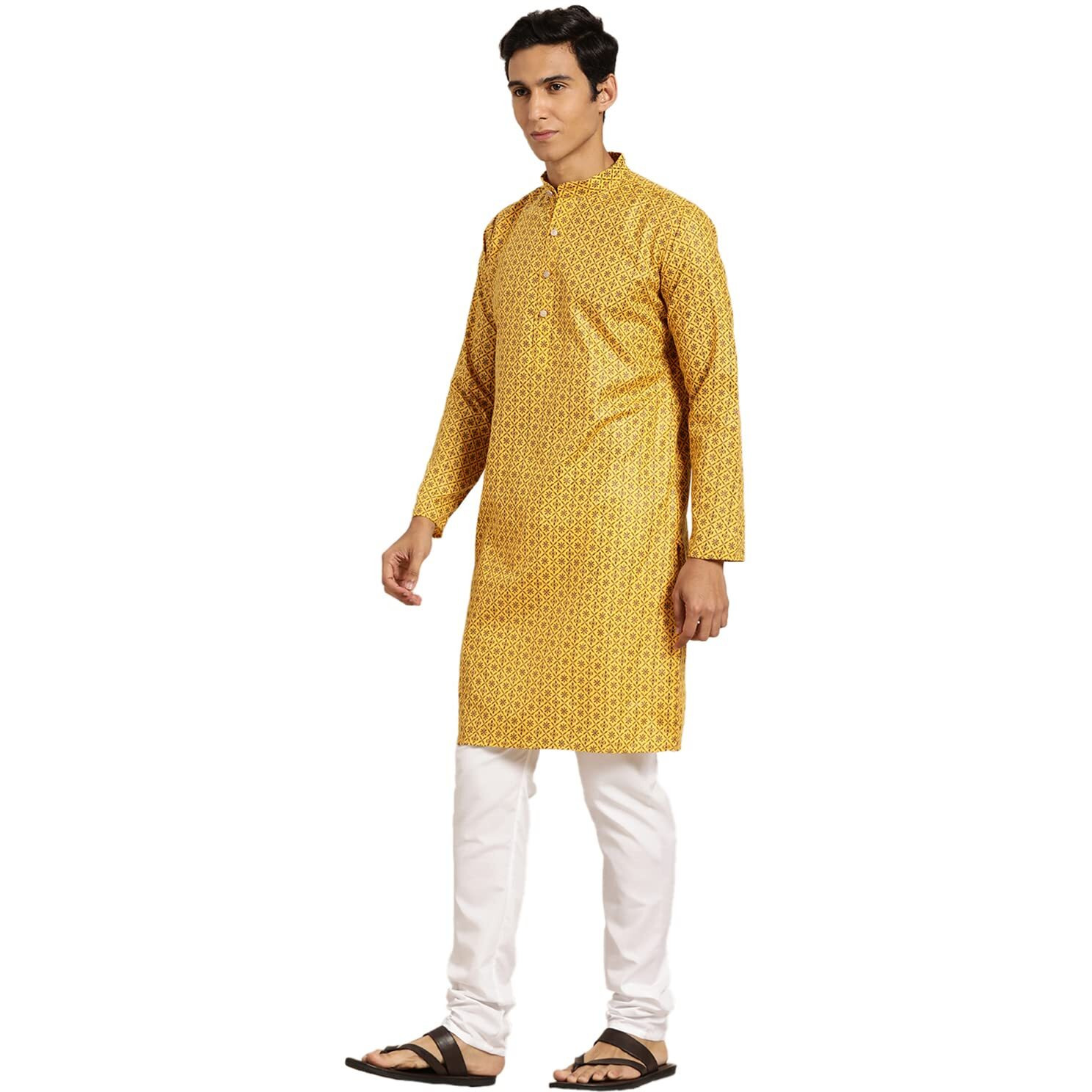 Sojanya (Since 1958 Men's Cotton Linen Mustard Foil Printed Kurta And White Pyjama Set