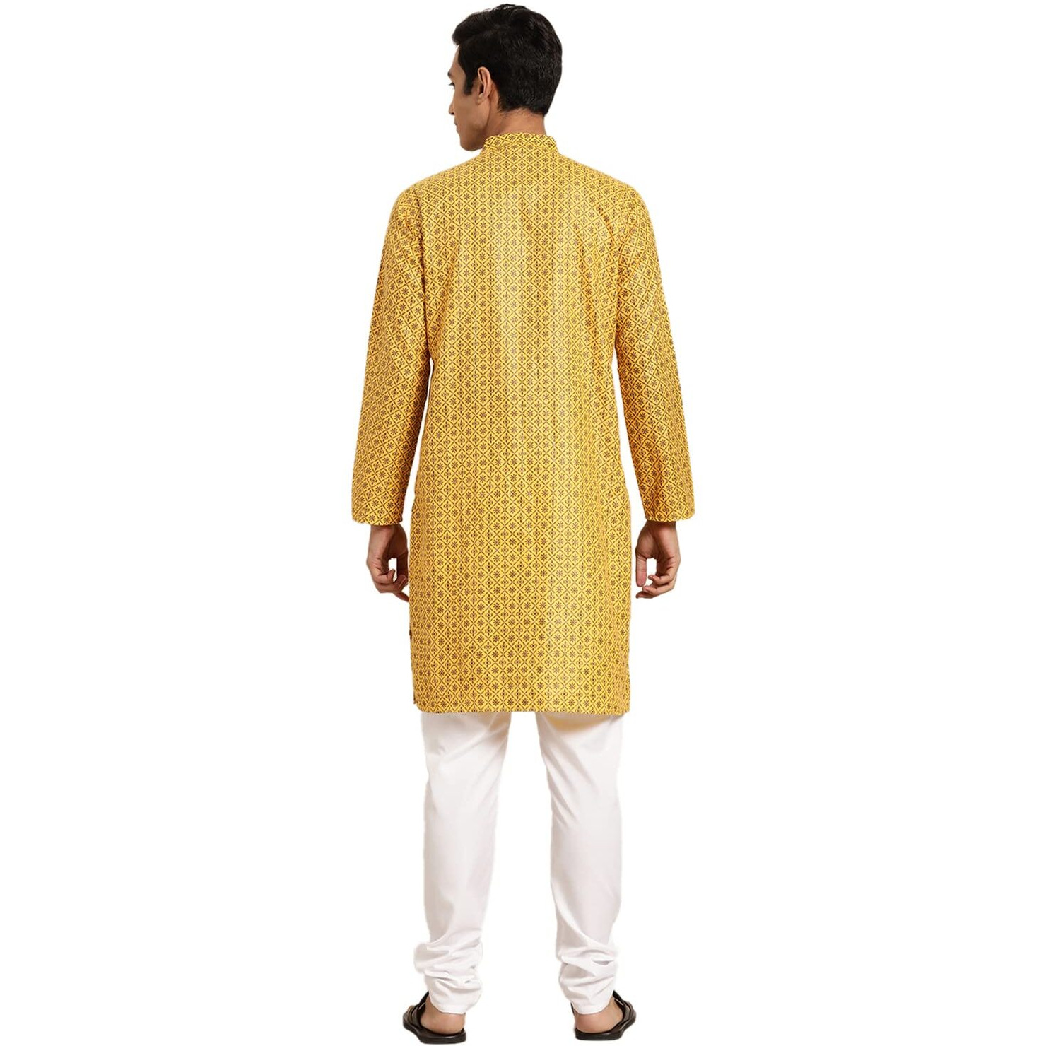 Sojanya (Since 1958 Men's Cotton Linen Mustard Foil Printed Kurta And White Pyjama Set