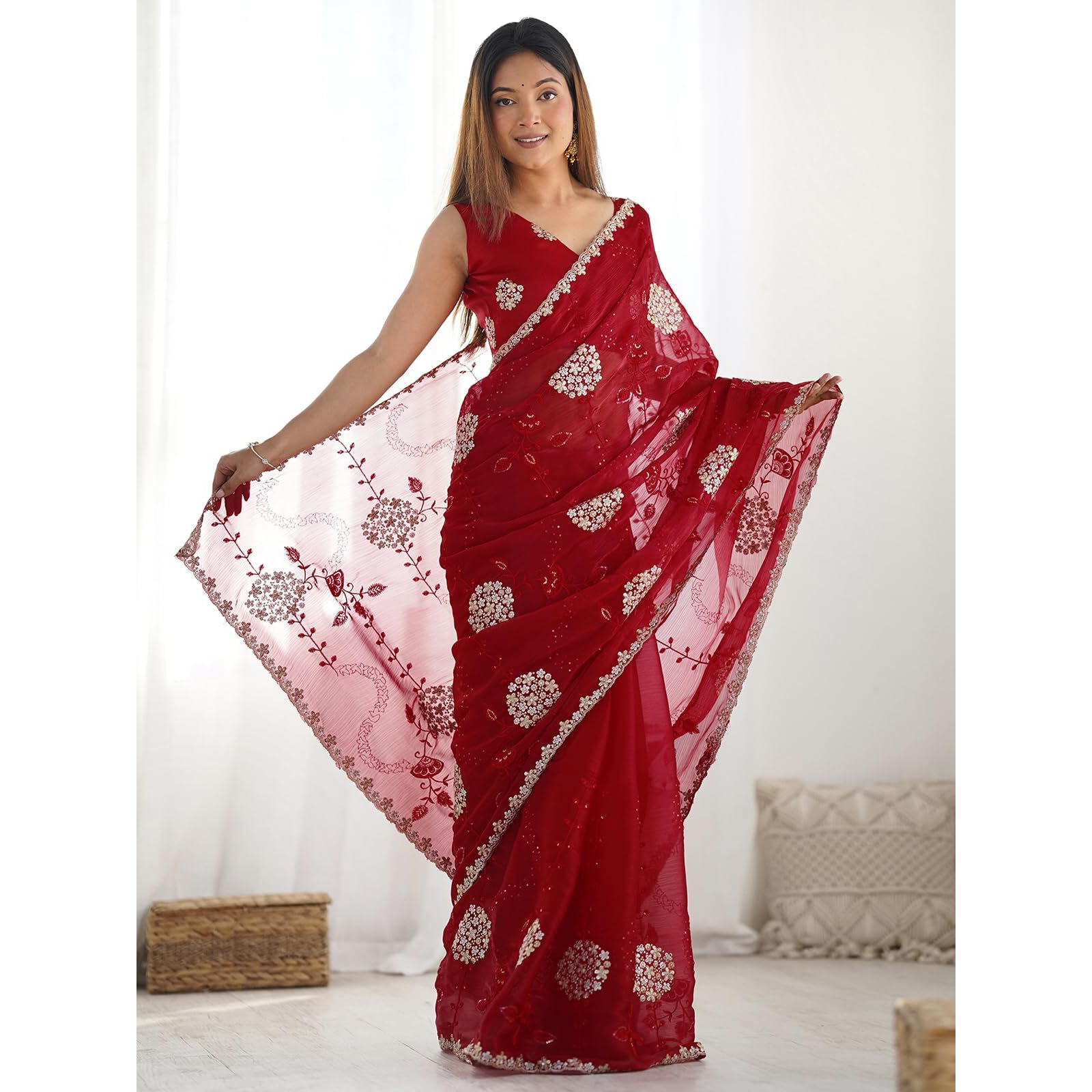 Satrani Women's Shimmer Chiffon Embroidery And Sequin Work Saree With Unstitched Blouse Piece (4136S152N_Red)