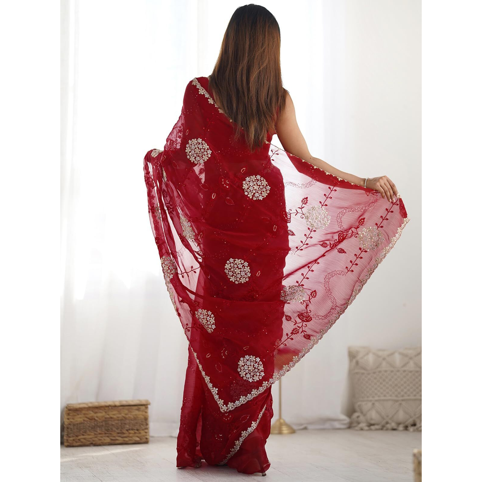 Satrani Women's Shimmer Chiffon Embroidery And Sequin Work Saree With Unstitched Blouse Piece (4136S152N_Red)