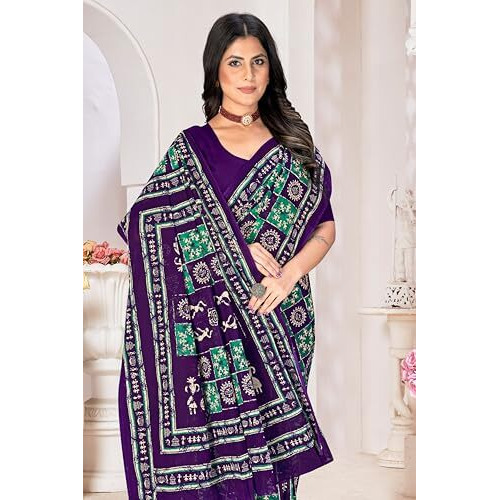 Tamaira Fashion Women's Warli Batik Printed Pure Cotton Mulmul Saree Without Blouse Piece(2486_Seagreen & Purple)