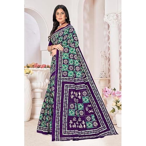 Tamaira Fashion Women's Warli Batik Printed Pure Cotton Mulmul Saree Without Blouse Piece(2486_Seagreen & Purple)