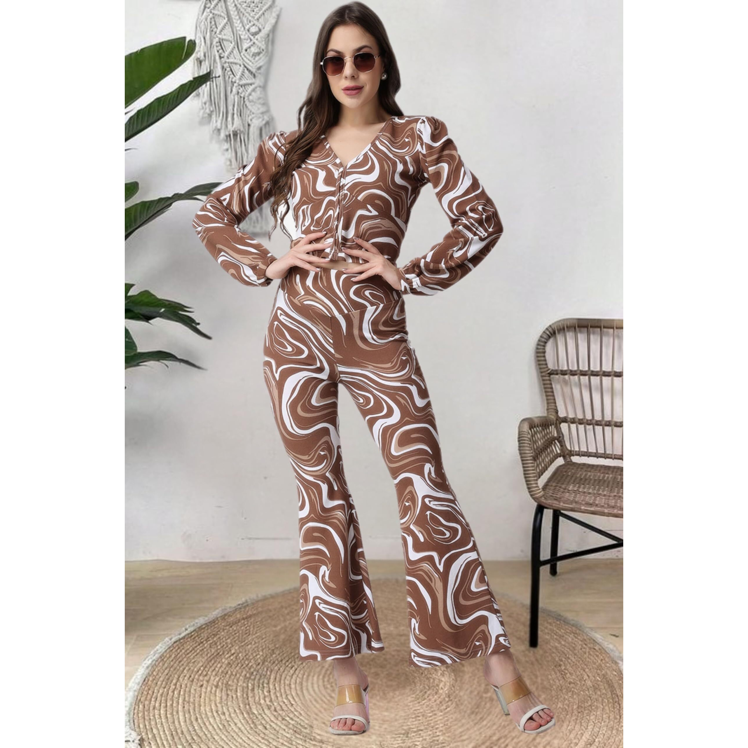 Popwings Casual Brown Marble Printed Crop Top And Trouser Co-Ord Set For Women || Co-Ords Set For Women Stylish Western || Full Sleeves V-Neck Crop Top And Bootcut Trouser Dress Set For Women