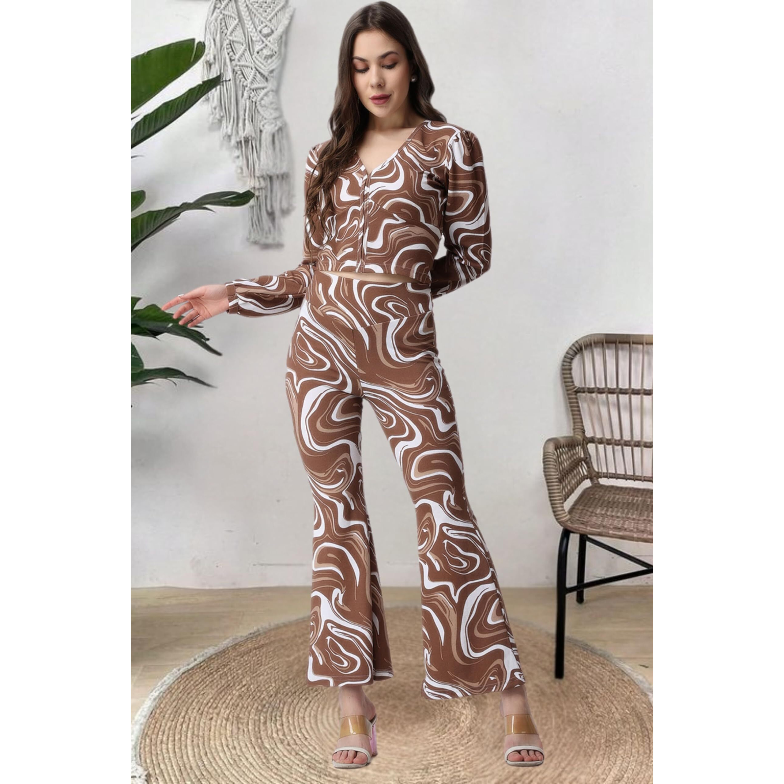 Popwings Casual Brown Marble Printed Crop Top And Trouser Co-Ord Set For Women || Co-Ords Set For Women Stylish Western || Full Sleeves V-Neck Crop Top And Bootcut Trouser Dress Set For Women