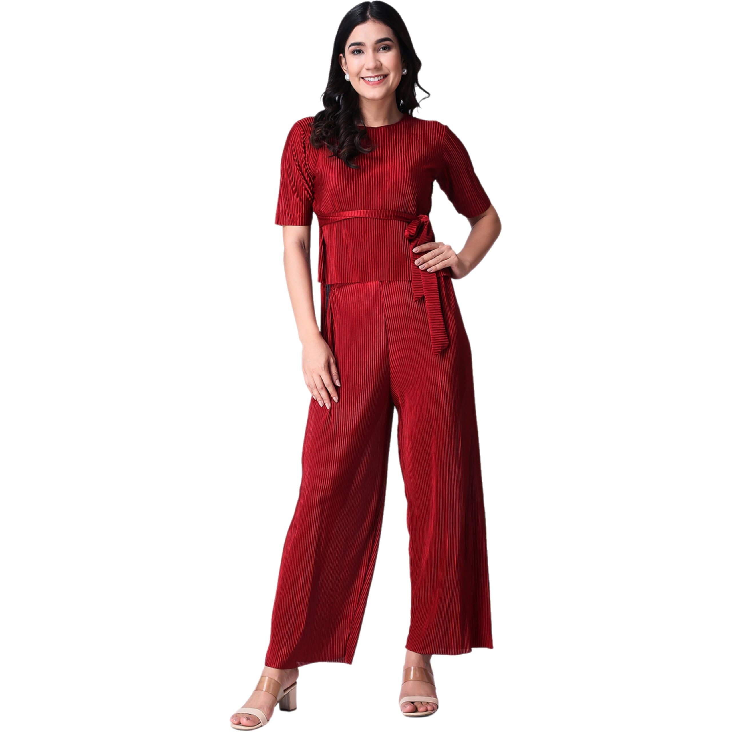 Popwings Casual Women Wrinkle Textured Maroon Co-Ords Set