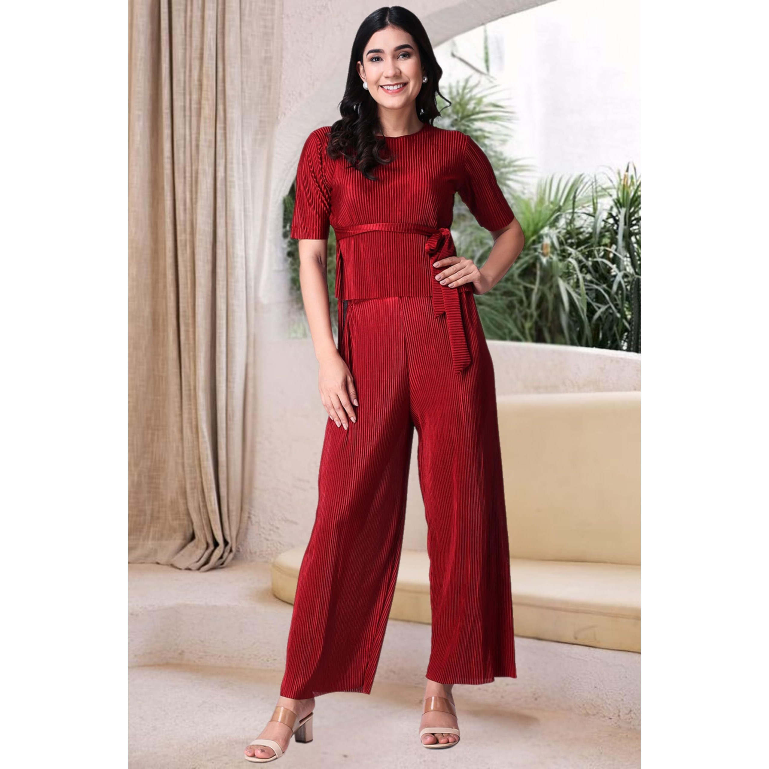Popwings Casual Women Wrinkle Textured Maroon Co-Ords Set