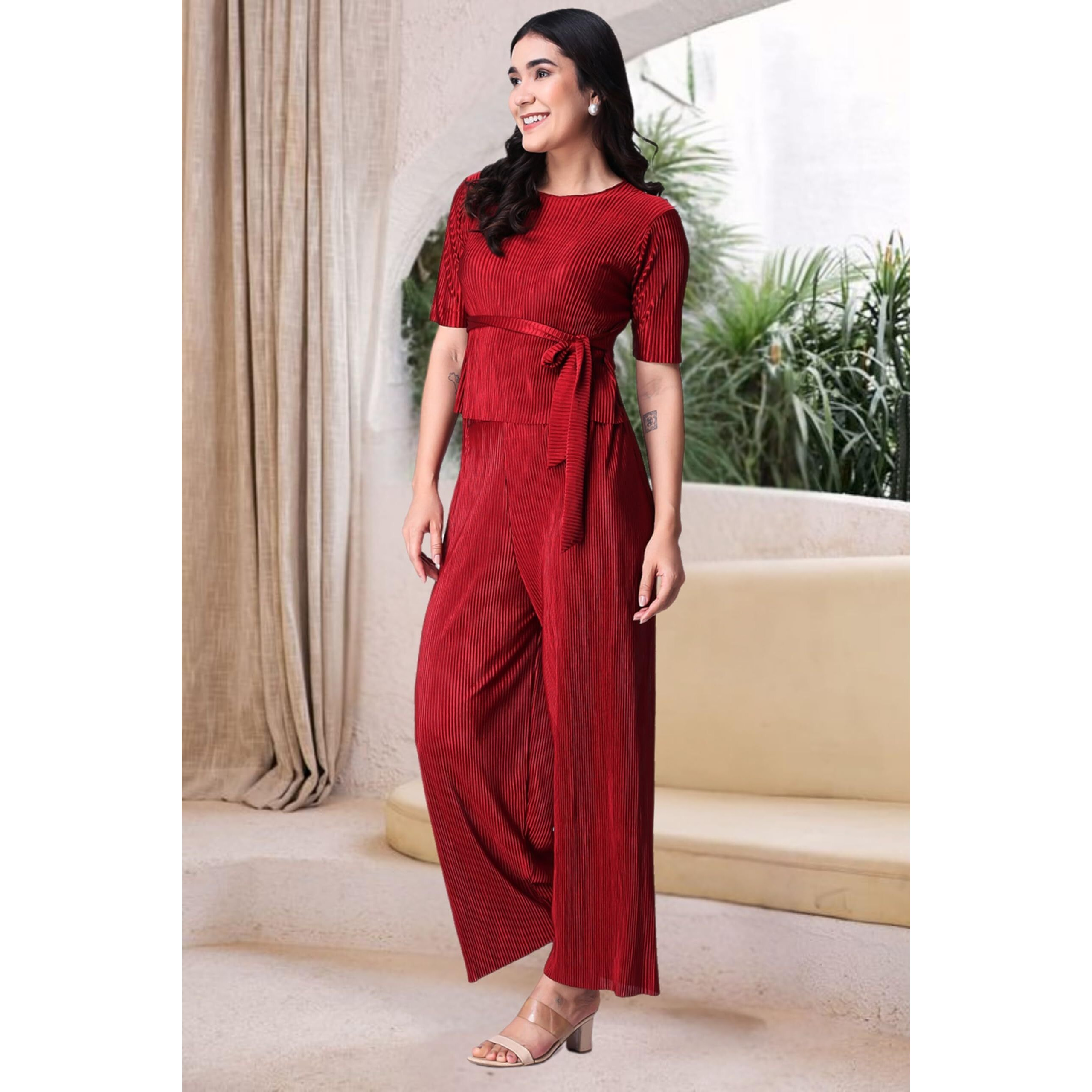Popwings Casual Women Wrinkle Textured Maroon Co-Ords Set