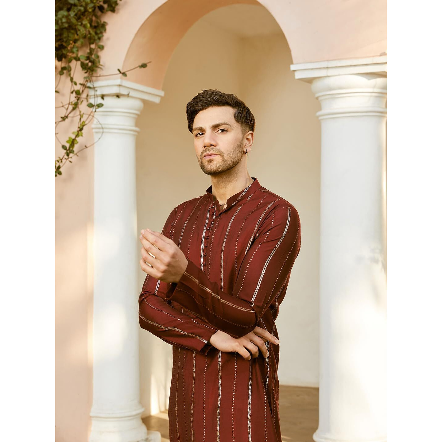 See Designs Men Full Sleeve Maroon And Gold Chanderi Silk Sequins Mandarin Collar Side Slit Kurta With Pyjama - Sdkt243401L