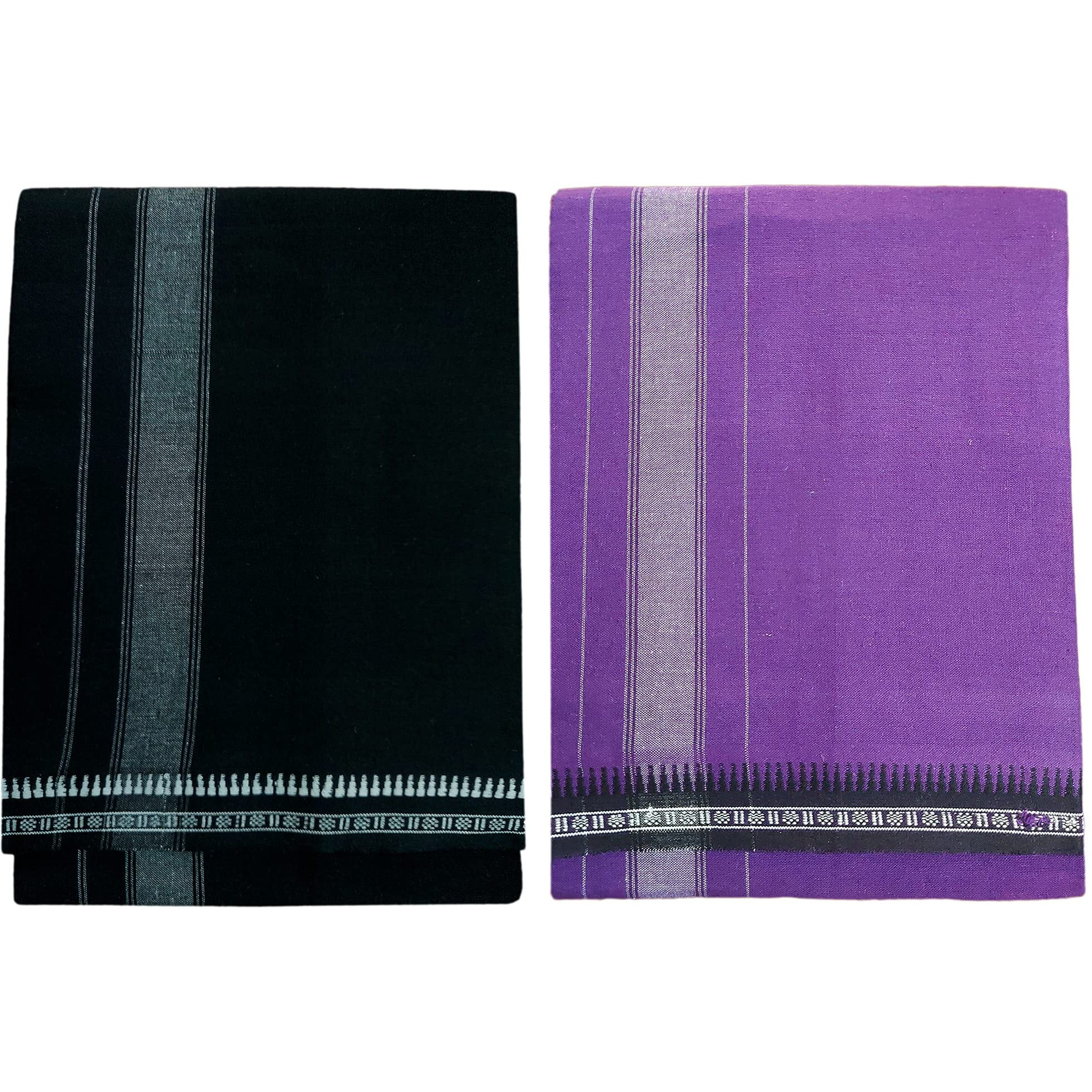 Prakasam Cotton Fine Quality Mens Kerala Style Thalapathi Border Single (1.28X2.00 Mtrs) -Dhoti-Kerala Single Mundu (Pack Of 2 Dhoties)- BlackViolet
