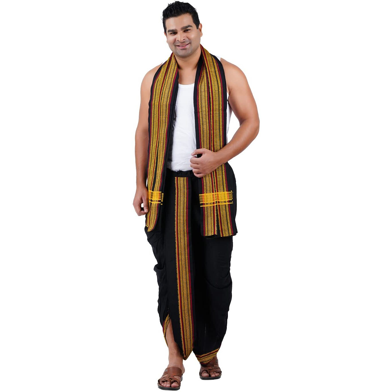 Prakasam Cotton Men's Panchakacham (Ready To Wear) Dhoti Towel Set With Pocket- Free Size. (Black)